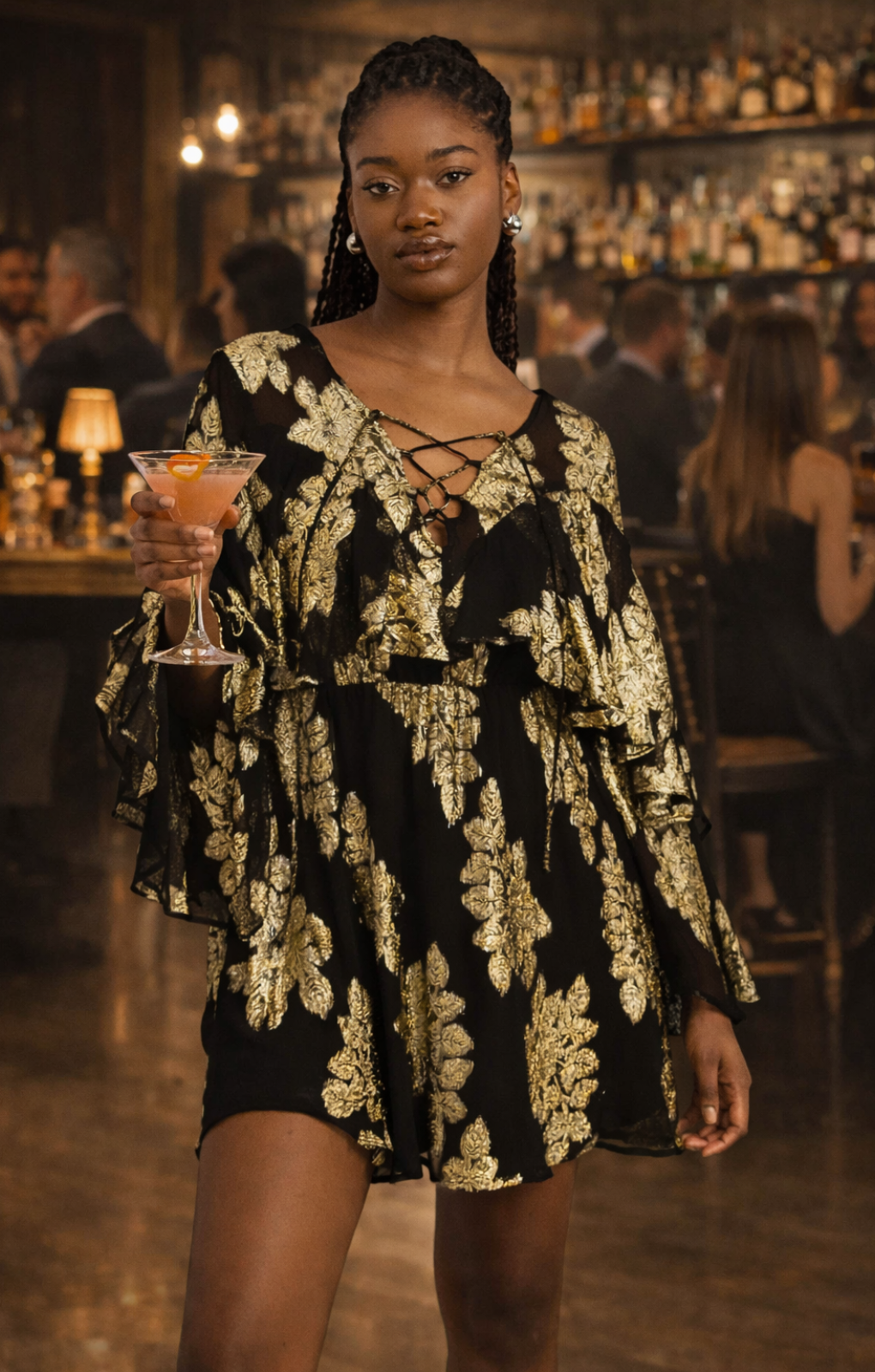 Rent ASOS DESIGN Metallic Frill Detail Mini Dress With Lace Up Neck In Black  Pattern