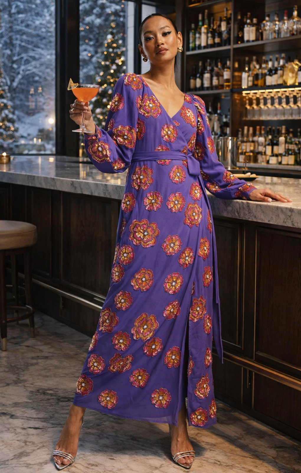 Rent Asos Edition Sequin Wrap Midi Dress In Floral Sequin In Purple