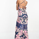 Hope & Ivy Contrast Lace Floral Maxi Dress In Navy – dresses by Hope & Ivy, available to rent from Hirestreet