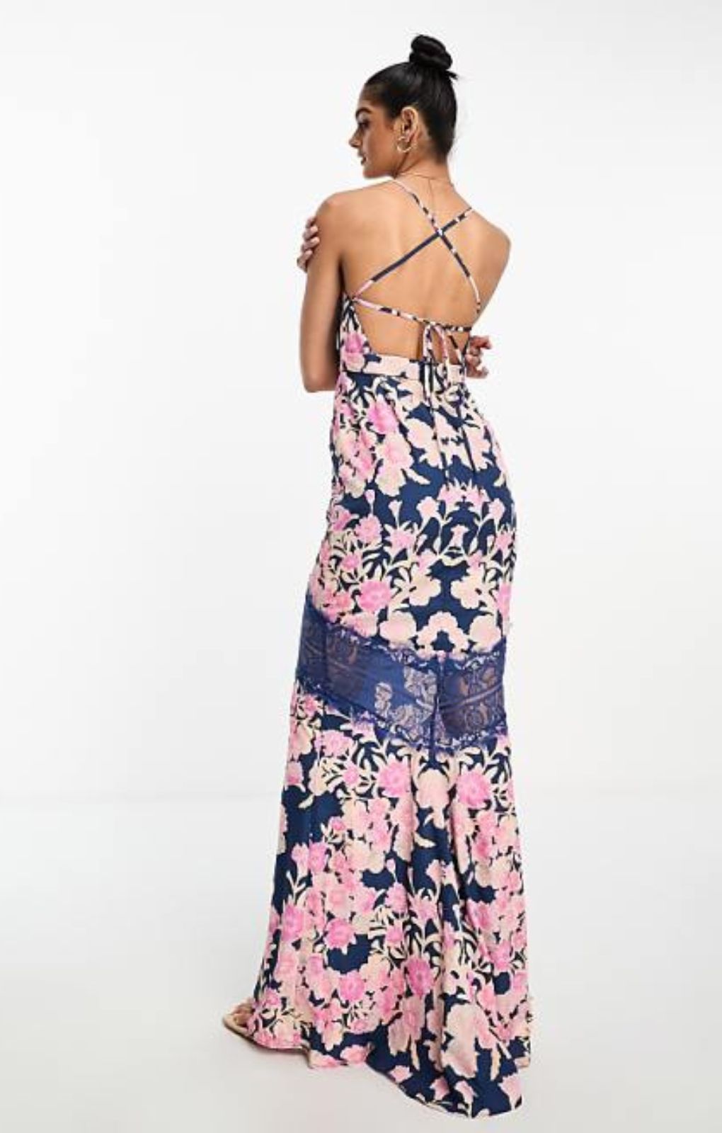 Hope & Ivy Contrast Lace Floral Maxi Dress In Navy – dresses by Hope & Ivy, available to rent from Hirestreet