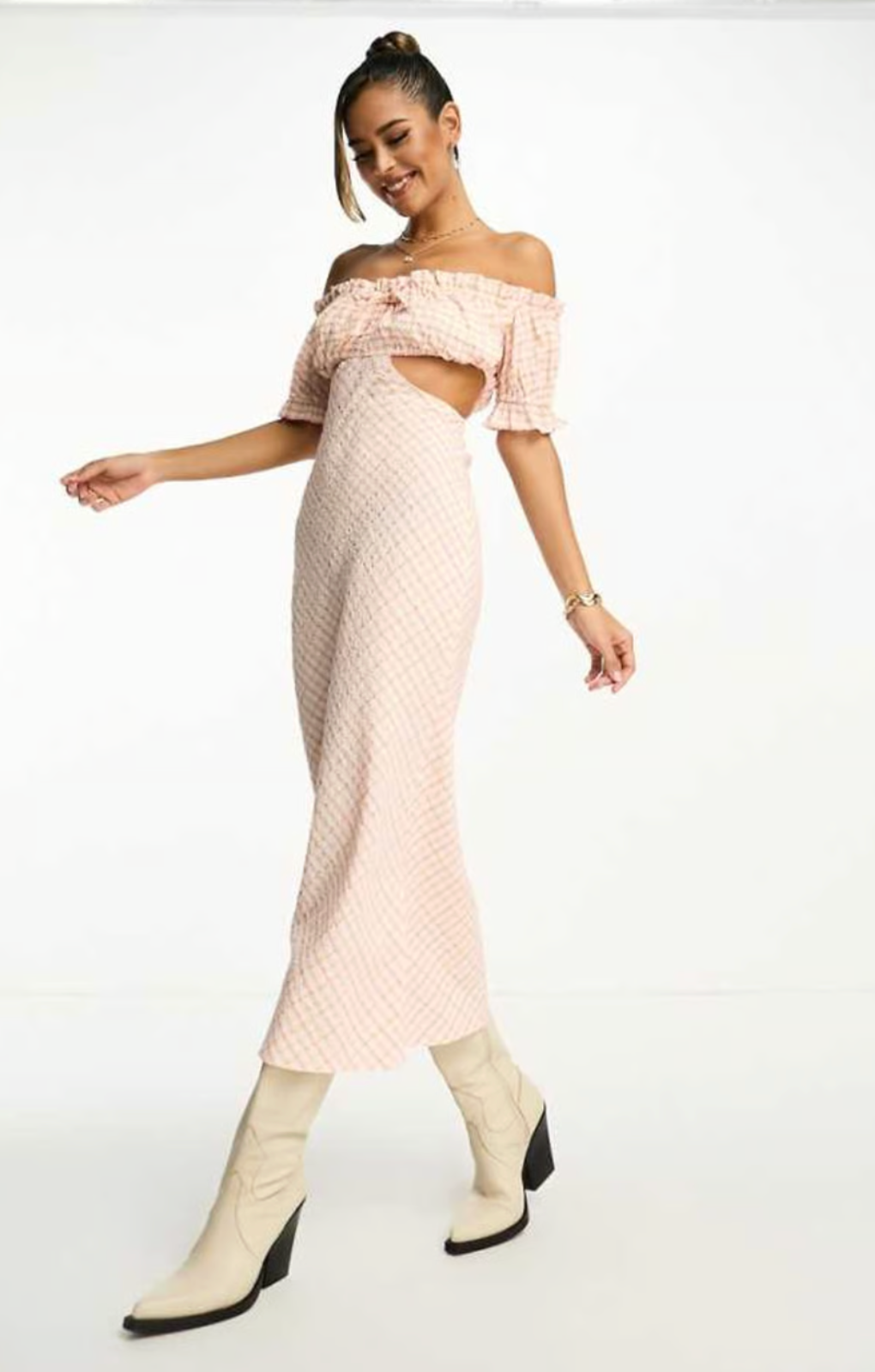 Rent ASOS DESIGN Textured Bardot Midi Dress With Cut Out Side In Pink And Yellow Check Rent ASOS DESIGN Textured Bardot Midi Dress With Cut Out Side In Pink And Yellow Check