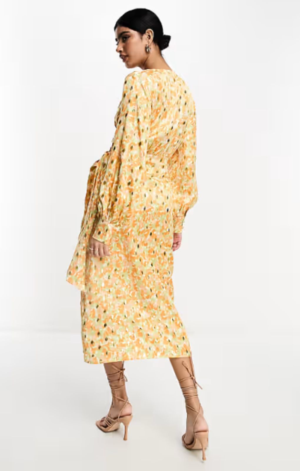 Never Fully Dressed Satin Wrap Midi Dress In Pastel Gold Mix