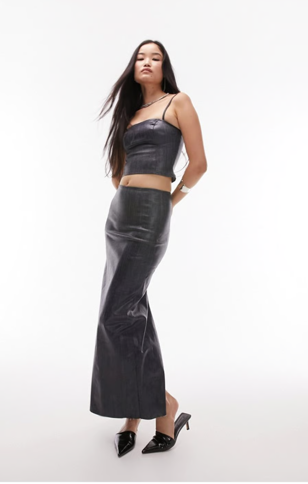 Topshop Denim Stretchy Maxi Skirt In Coated Indigo – skirts by Topshop, available to rent from Hirestreet