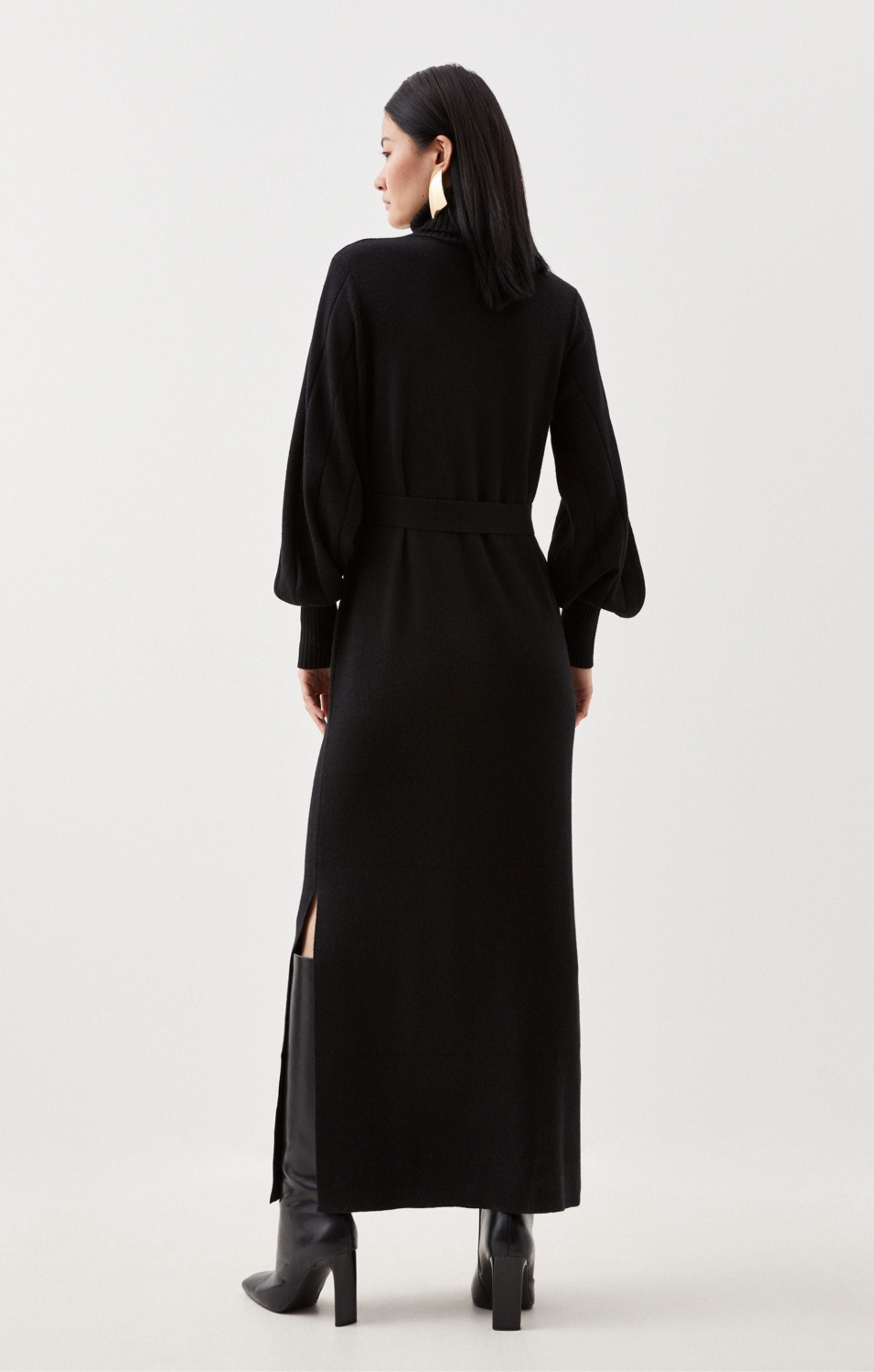 Karen Millen Wool Blend Full Sleeve Belted Funnel Knit Neck Midaxi Dress