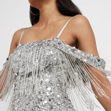 River Island Silver Tassel Bardot Sequin Mini Dress product image