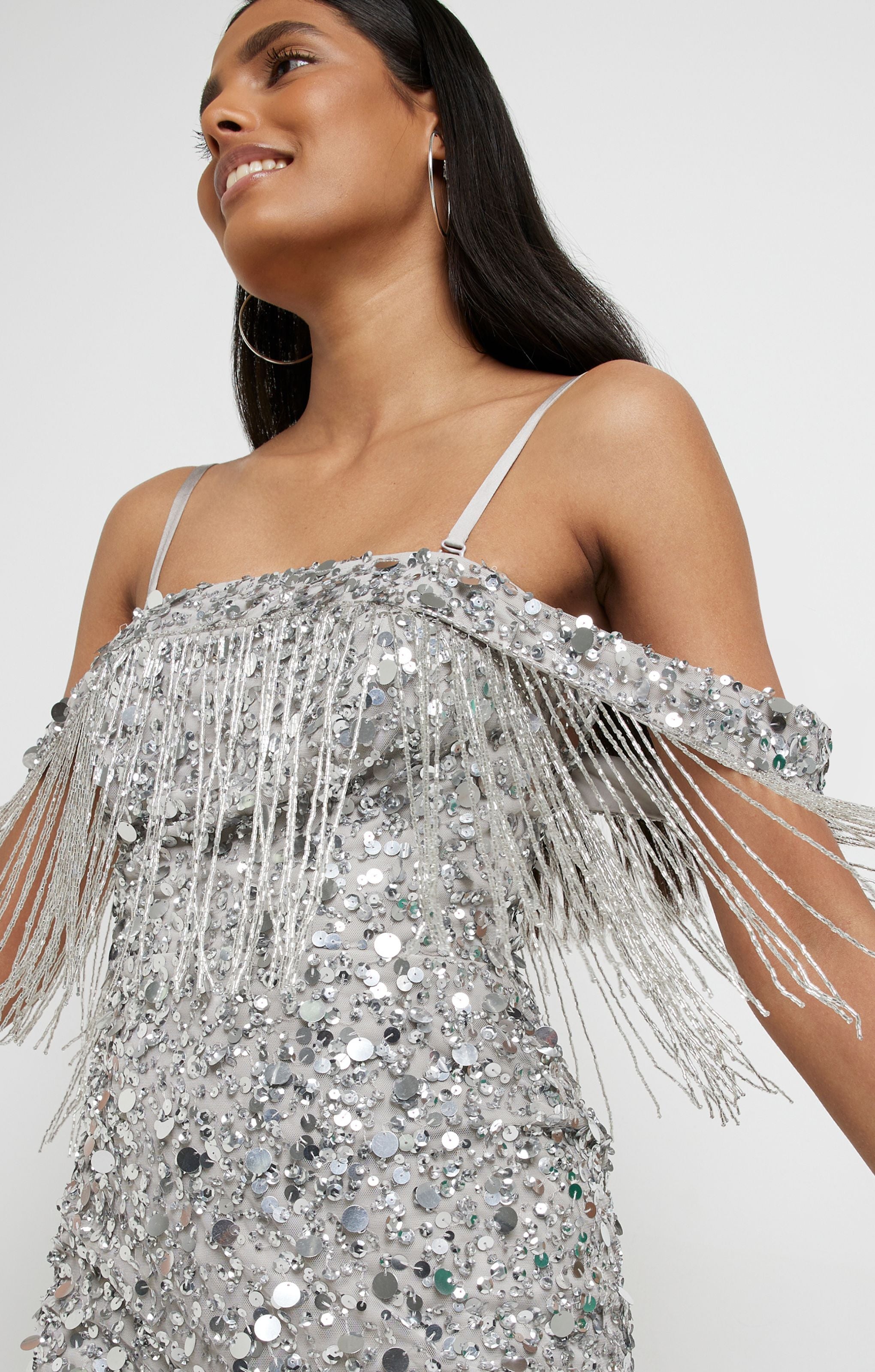 River Island Silver Tassel Bardot Sequin Mini Dress product image