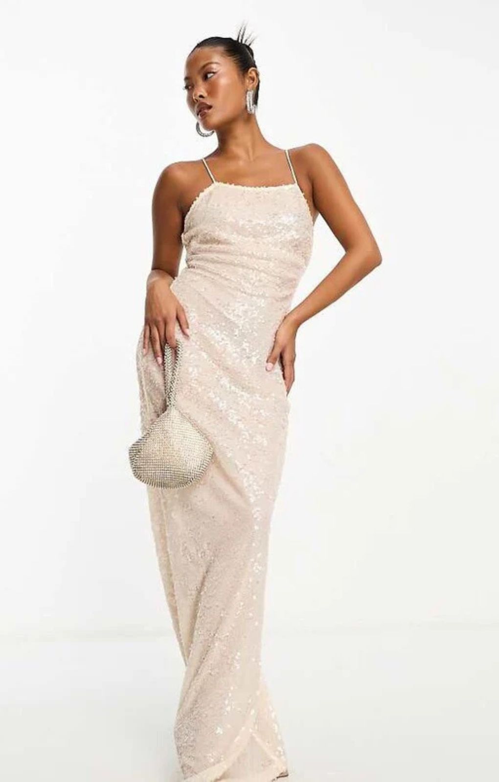 Rent 4Th & Reckless Petite Exclusive Sequin Square Neck Low Cross Back Maxi Dress In Cream | Hirestreet Rent 4Th & Reckless Petite Exclusive Sequin Square Neck Low Cross Back Maxi Dress In Cream | Hirestreet