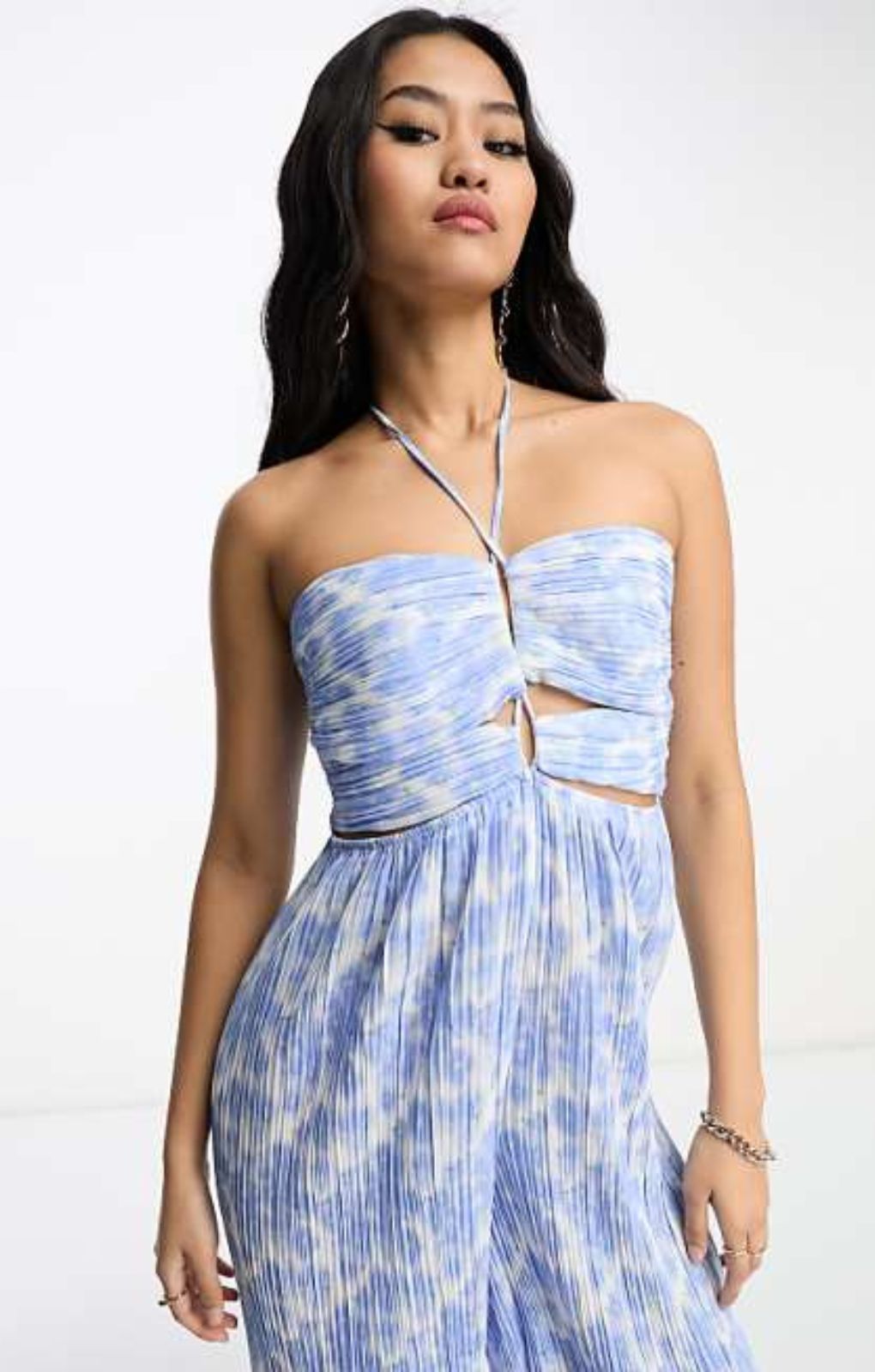 Bardot Hattia Cut Out Jumpsuit In Blue Floral – jumpsuits & playsuits by Bardot, available to rent from Hirestreet