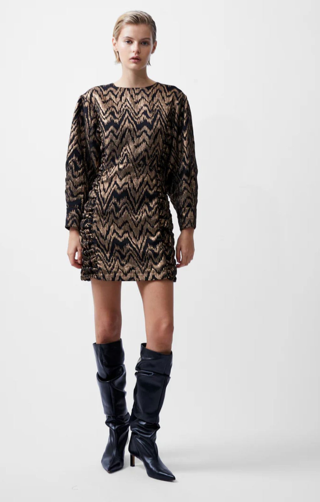 French Connection Ellery Eco Jacquard Puff Sleeve Mini Dress Black/Copper