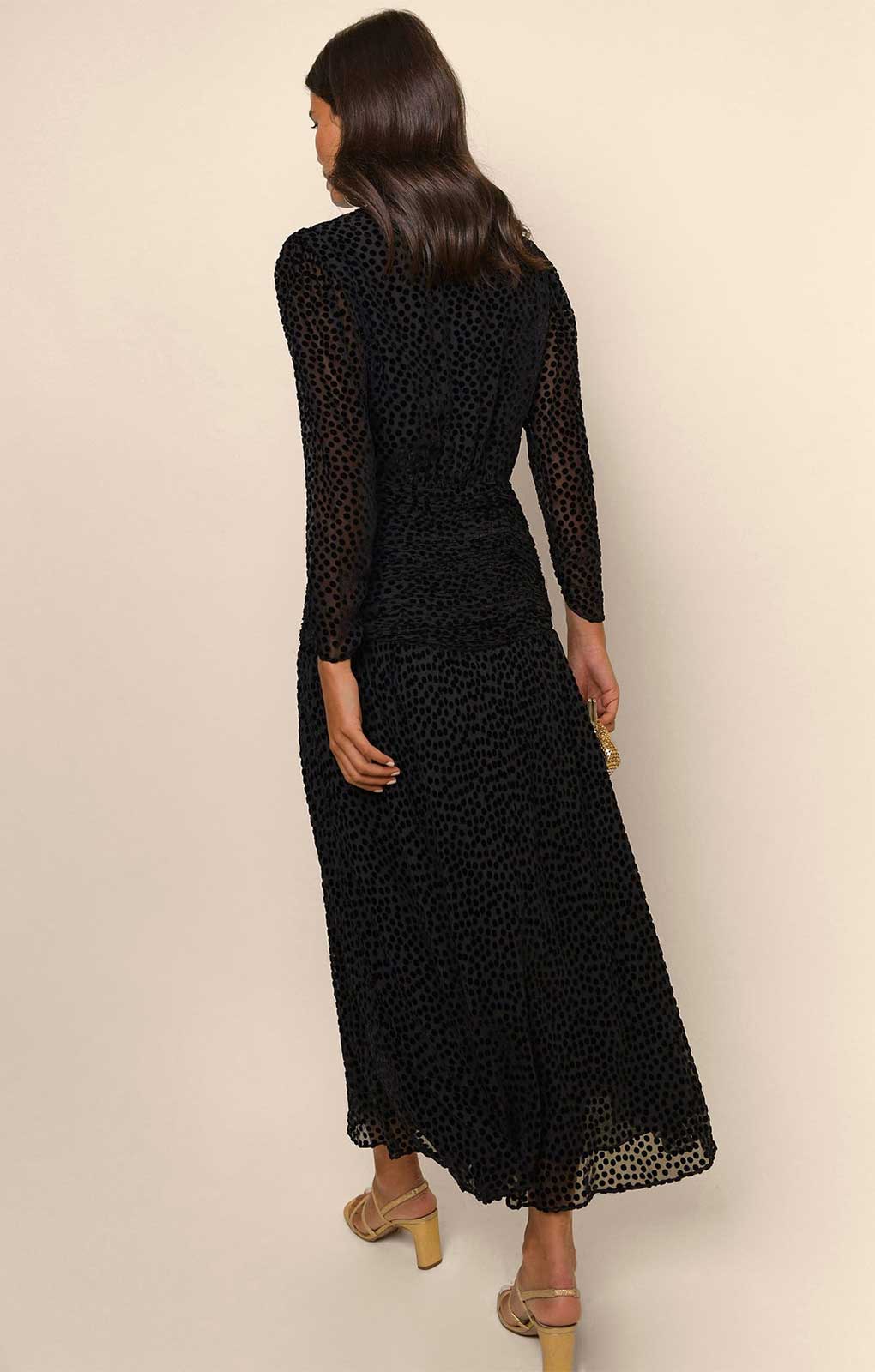 Rixo Black Dot Racquel Midi Dress in Velvet