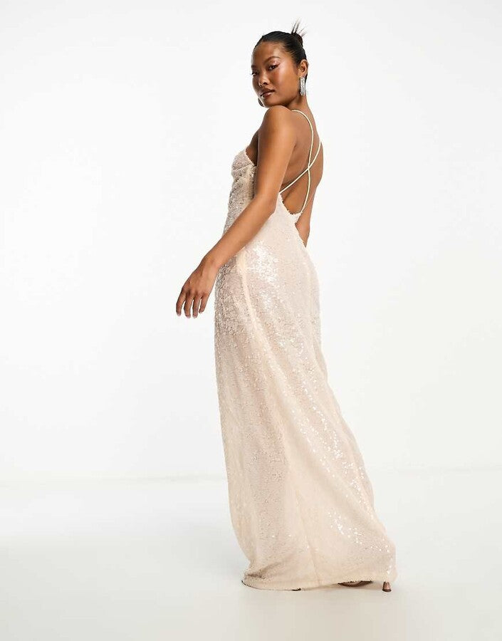 4Th & Reckless Petite Exclusive Sequin Square Neck Low Cross Back Maxi Dress In Cream – dresses by 4th & Reckless Petite, available to rent from Hirestreet
