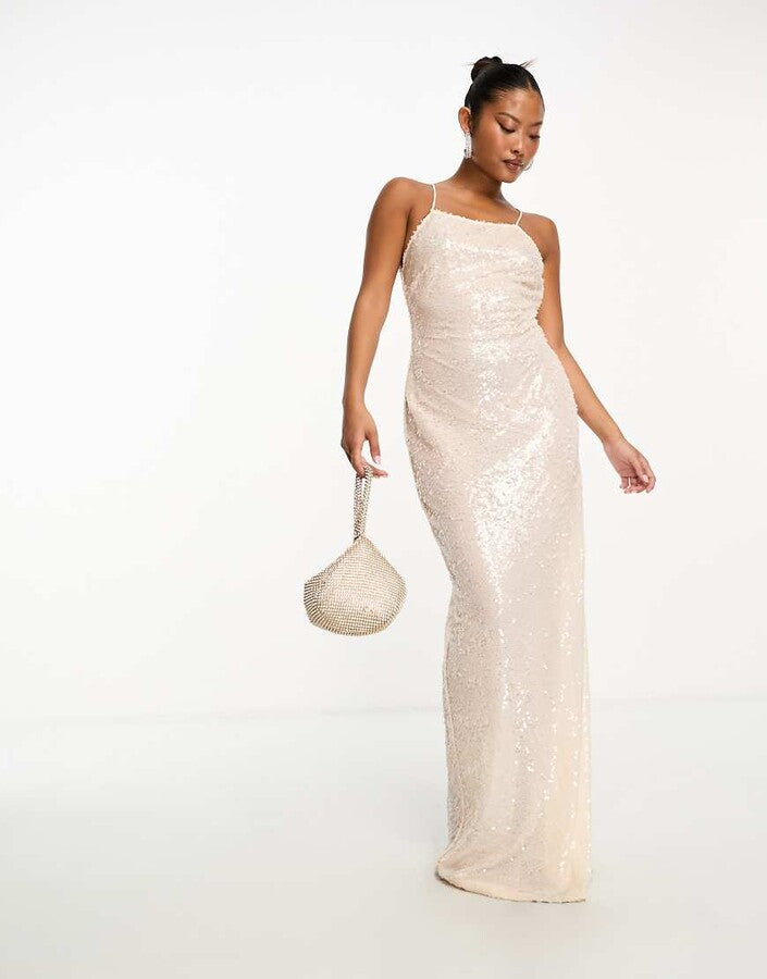 4Th & Reckless Petite Exclusive Sequin Square Neck Low Cross Back Maxi Dress In Cream – dresses by 4th & Reckless Petite, available to rent from Hirestreet