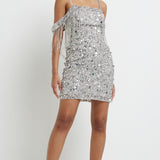 River Island Silver Tassel Bardot Sequin Mini Dress product image