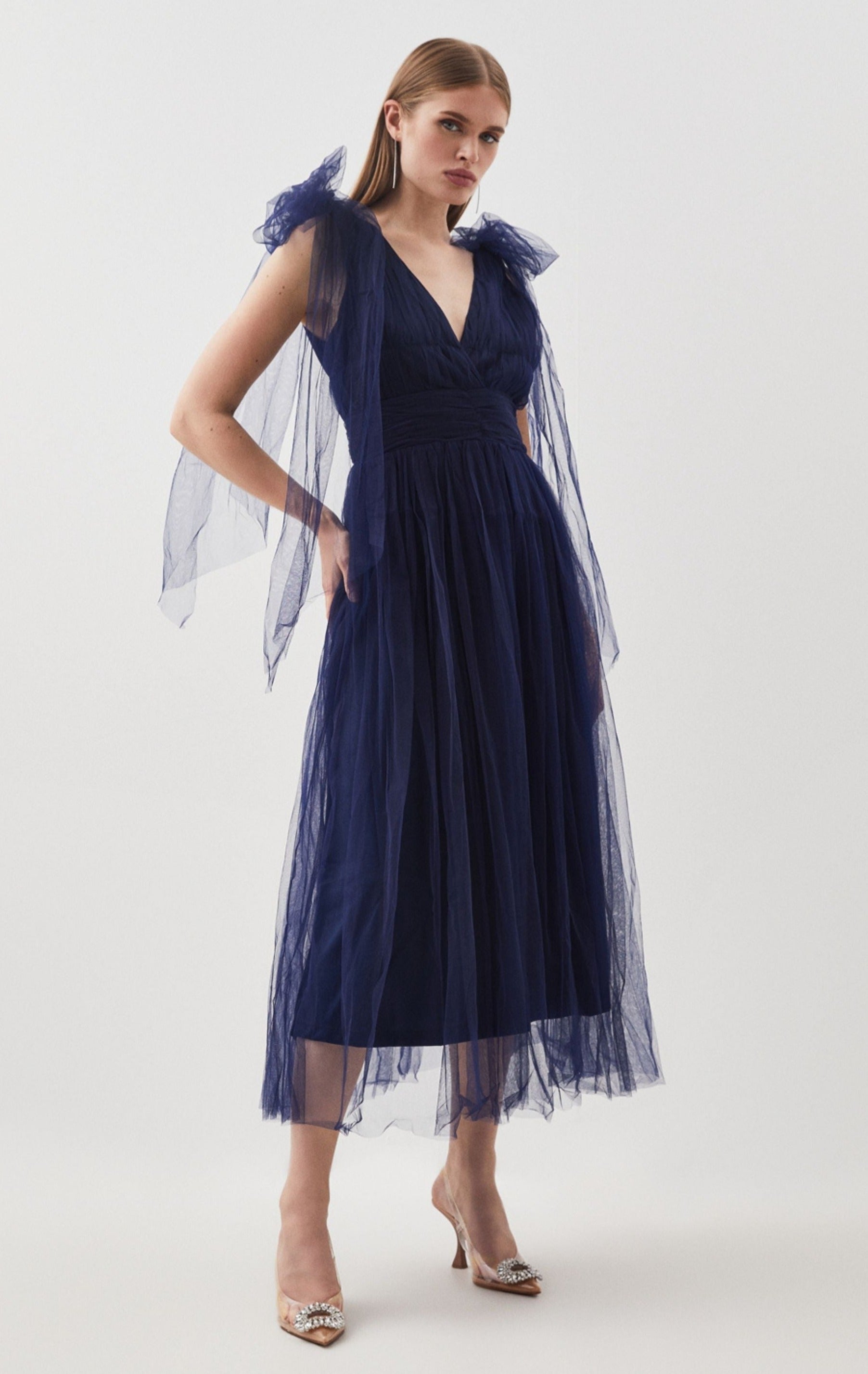 Karen Millen Tulle Tie Straps Plunge Woven Midi Dress Karen Millen Tulle Tie Straps Plunge Woven Midi Dress