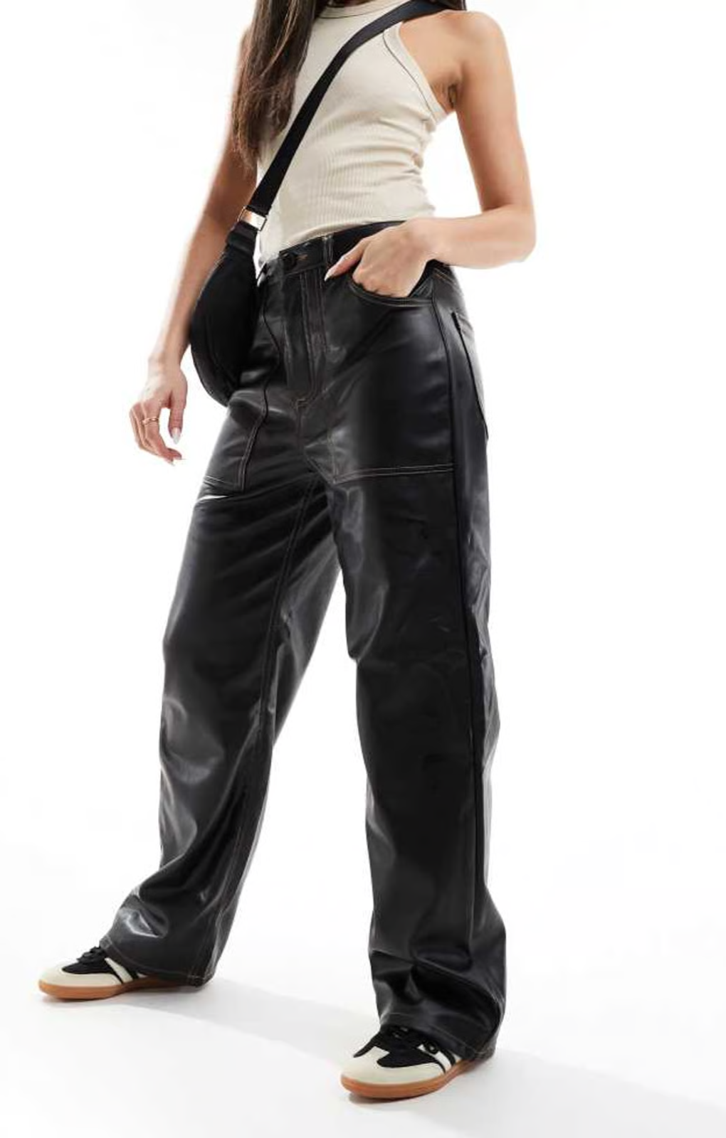 Only High Waisted Wide Leg Faux Leather Contrast Stitch Trousers In Black – trousers by Only, available to rent from Hirestreet