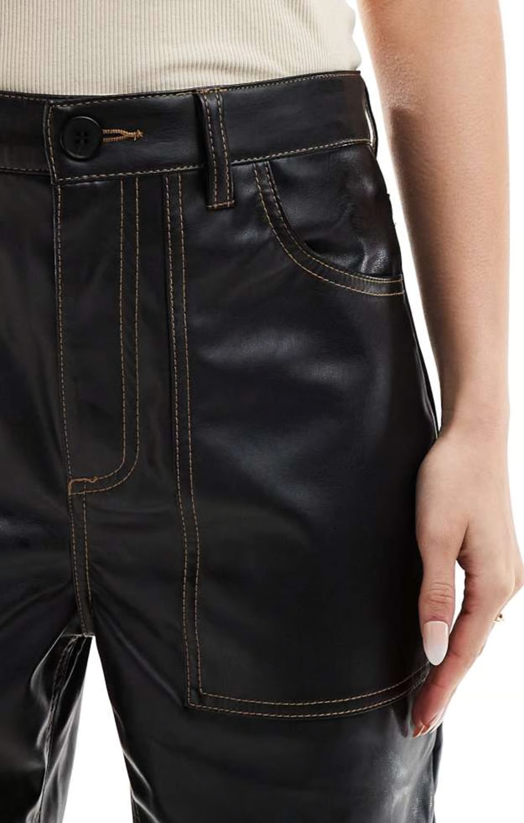Only High Waisted Wide Leg Faux Leather Contrast Stitch Trousers In Black – trousers by Only, available to rent from Hirestreet