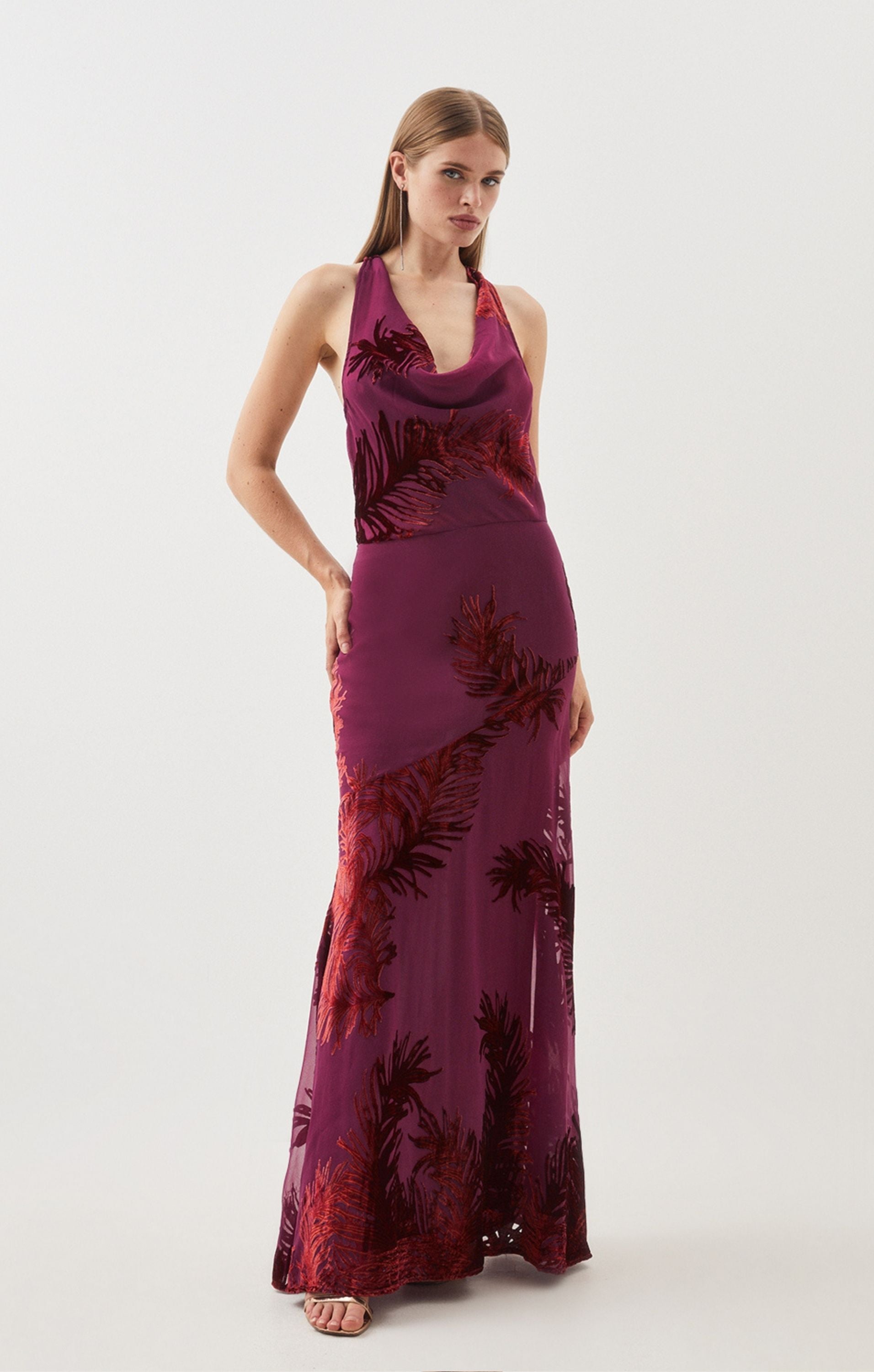 Karen Millen Feather Devore Halter Neck Woven Midi Dress