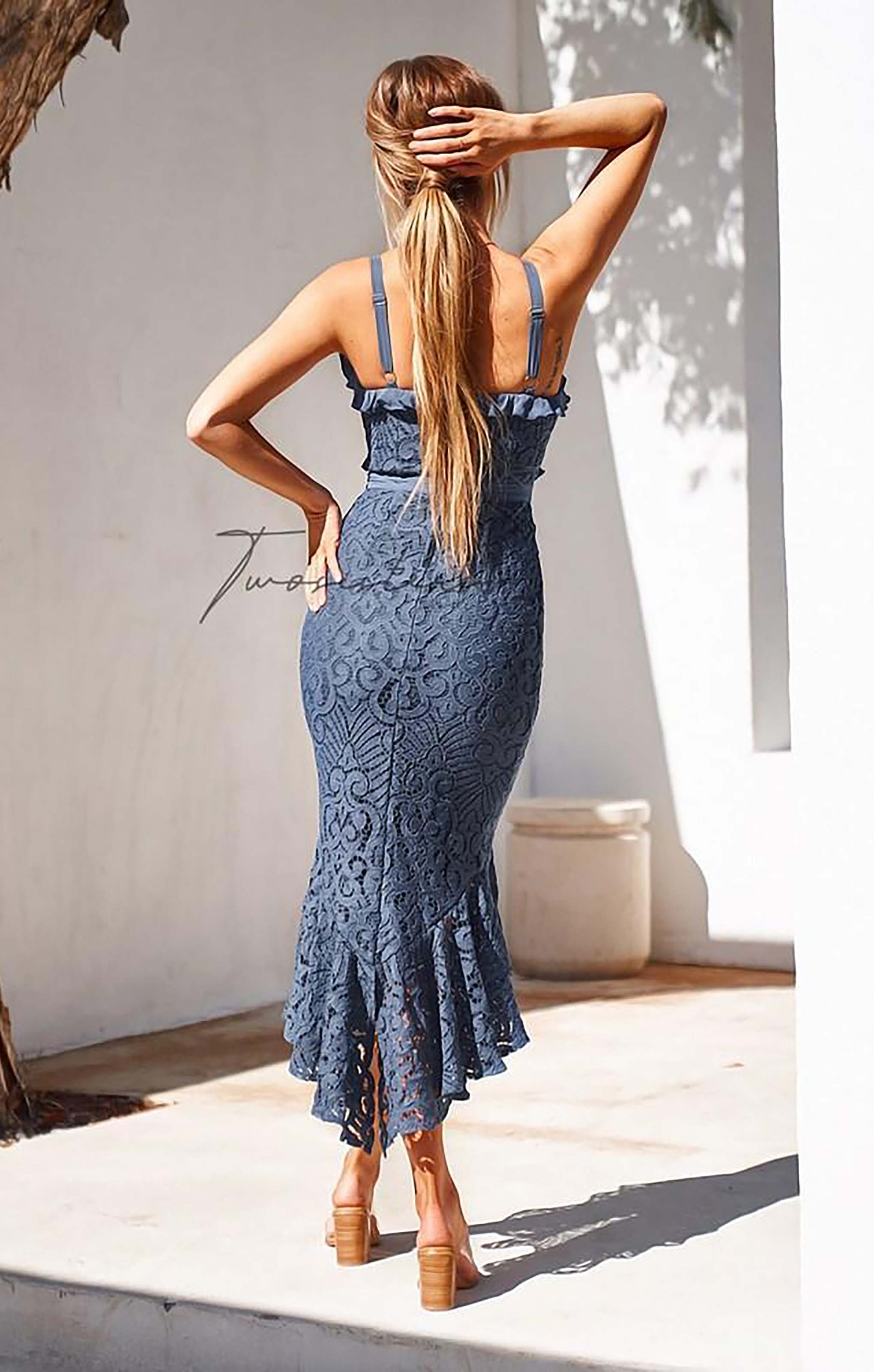 TwoSisters The Label Leanne Blue Crochet Lace Midi Dress