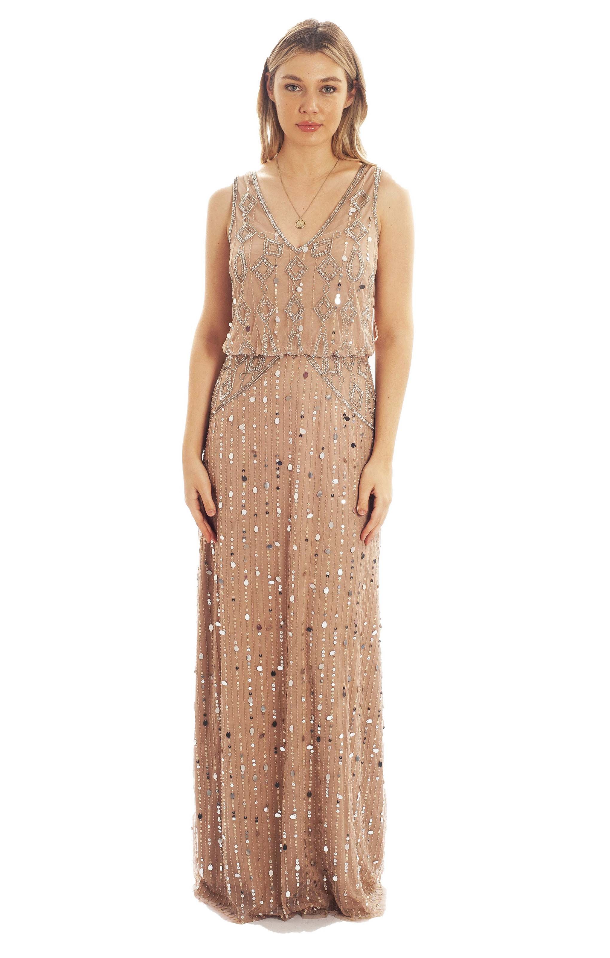 Frock & Frill Pink V-Neck Embellished Maxi Dress