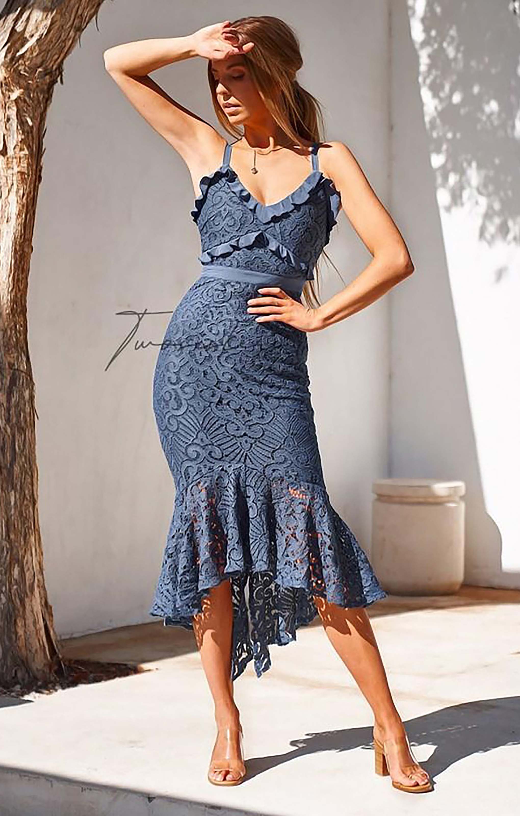 TwoSisters The Label Leanne Blue Crochet Lace Midi Dress