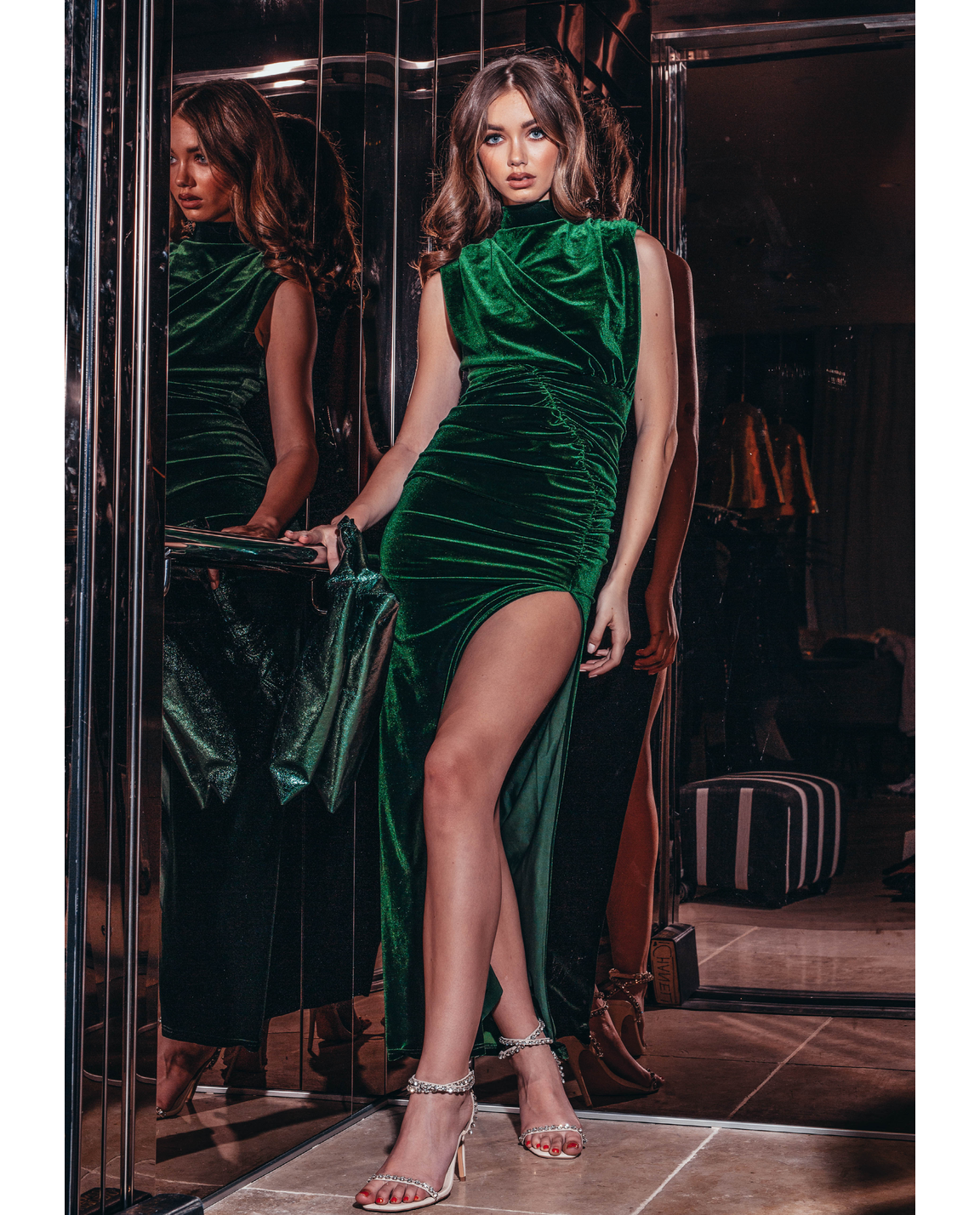 Bianca & Bridgett Emerald Lauren Maxi Thigh Split Velvet Dress