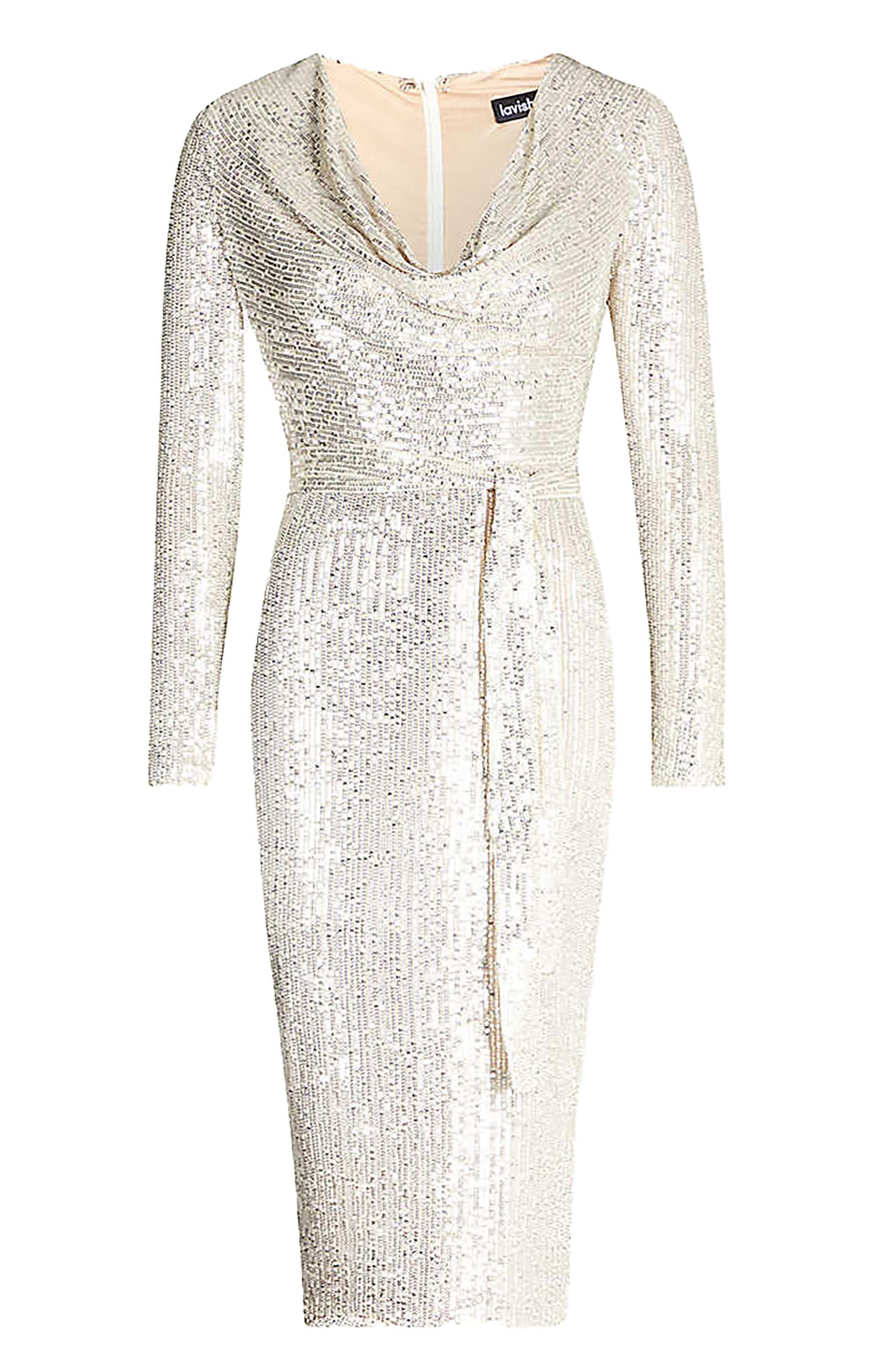 Lavish Alice Stretch Sequin Cowl Neck Midi Dress In Silver