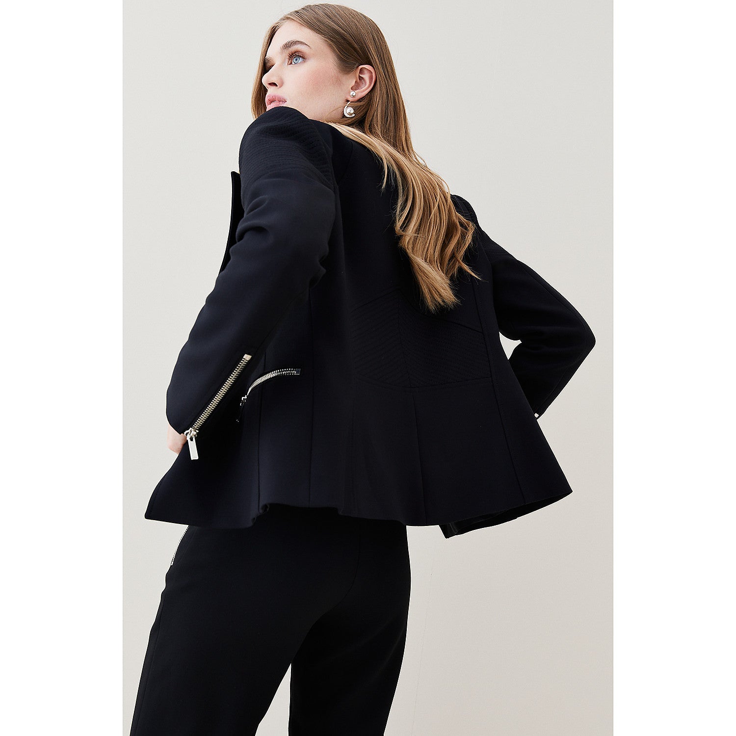 Karen Millen Compact Stretch Biker Detail Tailored Jacket – coats & jackets by Karen Millen, available to rent from Hirestreet