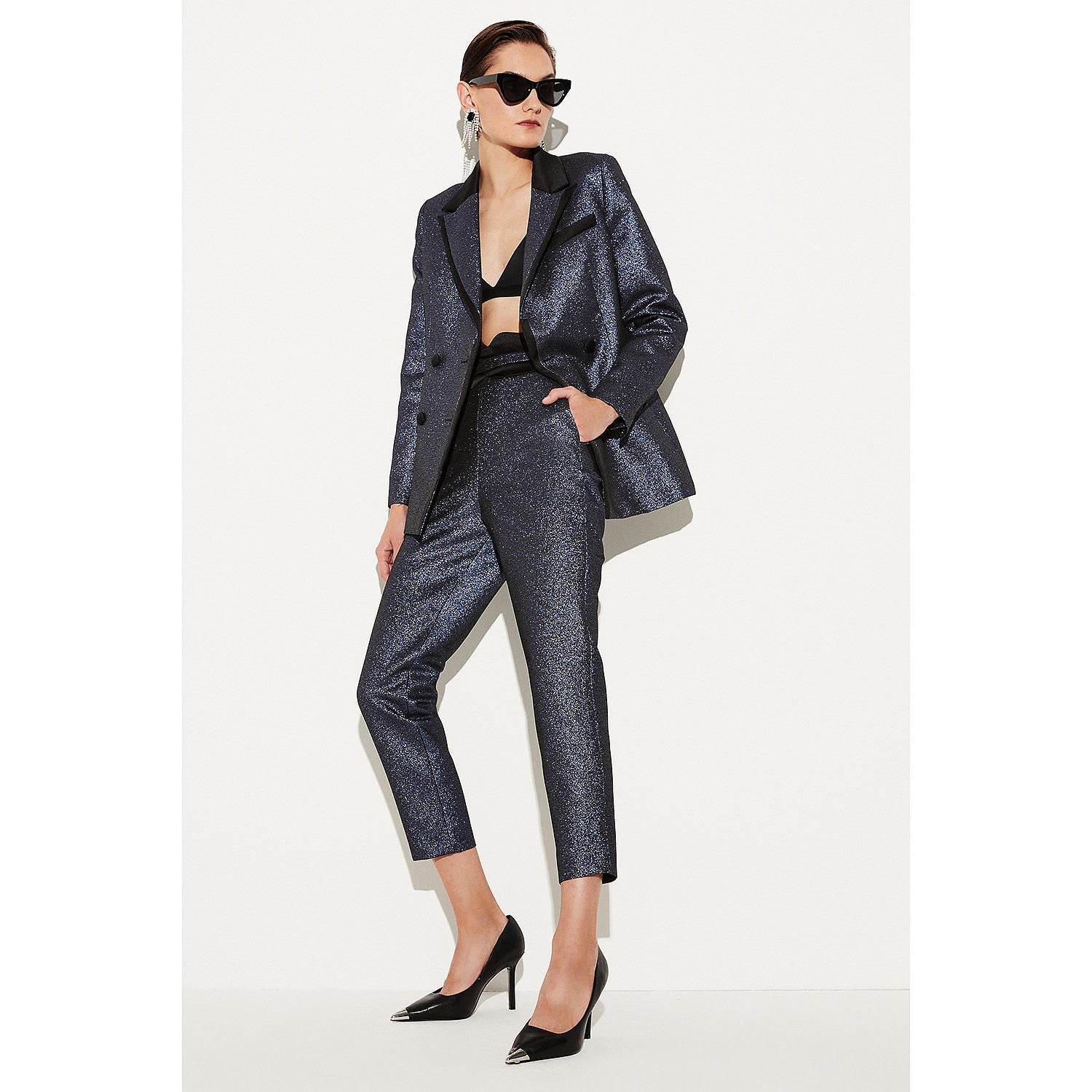 Karen Millen Metallic Jacquard Waistband Detail Slim Leg Trouser – trousers by Karen Millen, available to rent from Hirestreet