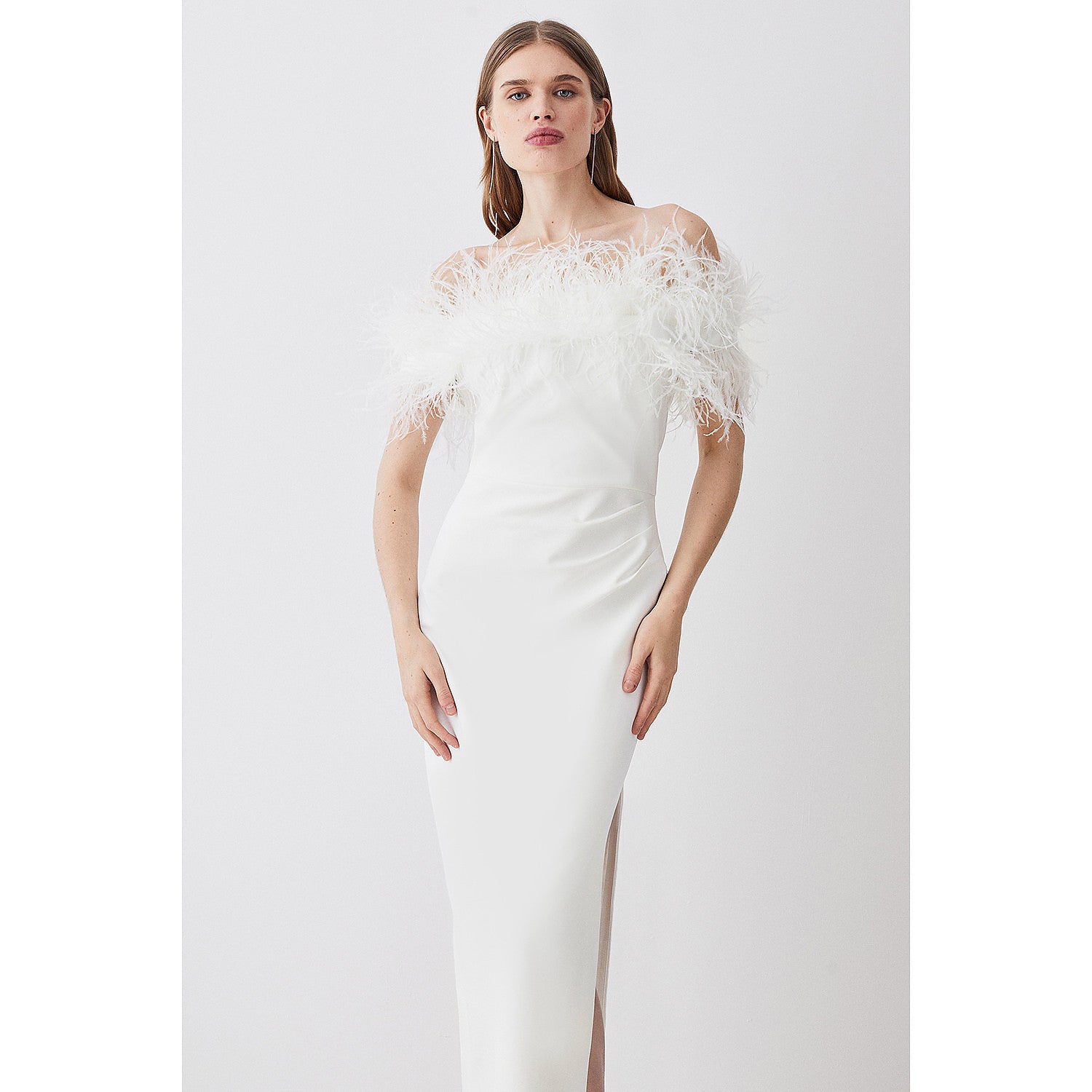Karen Millen Feather Bardot Stretch Crepe Maxi Dress – dresses by Karen Millen, available to rent from Hirestreet
