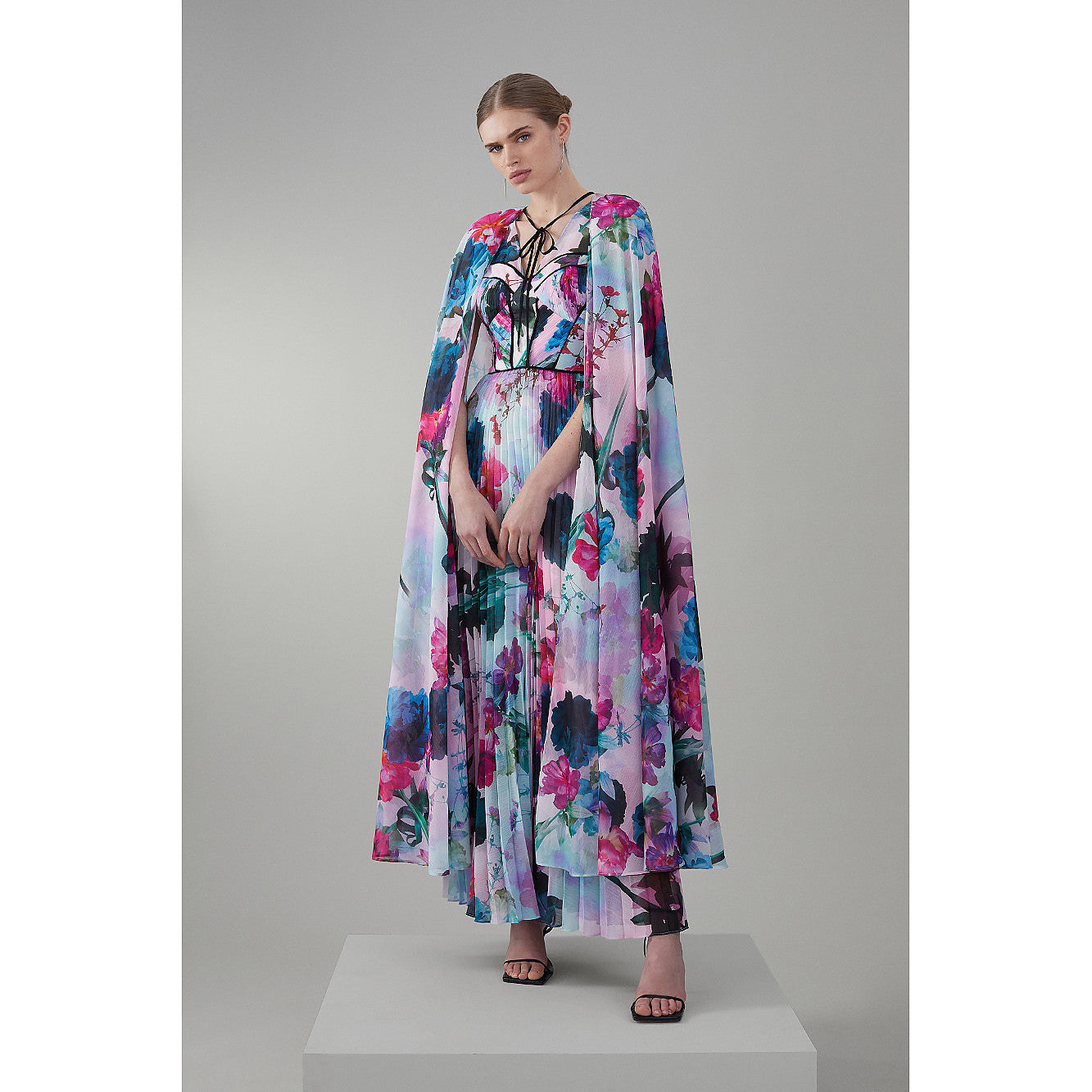 Karen Millen Floral Pleated Corset Woven Maxi Dress With Detachable Cape – dresses by Karen Millen, available to rent from Hirestreet