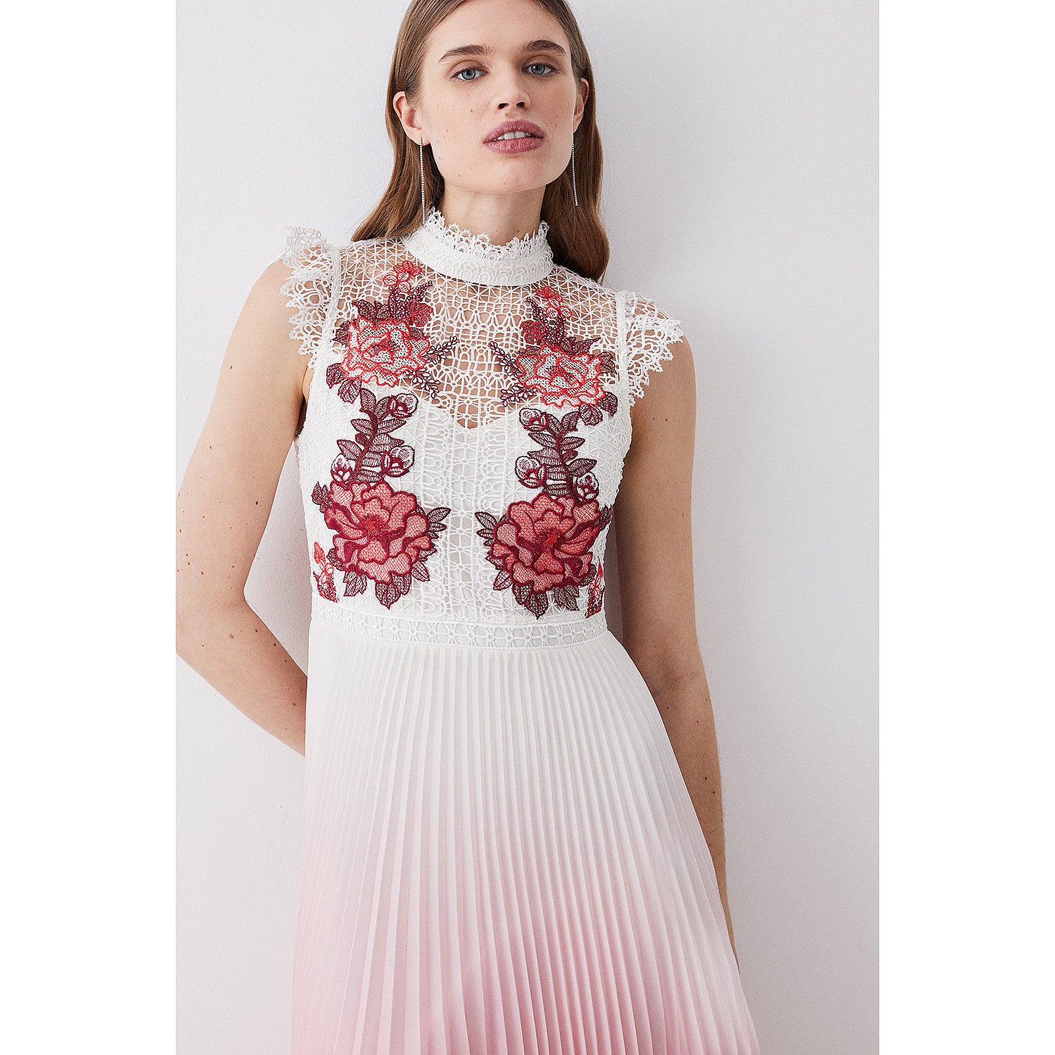 Karen Millen Rose Guipure Lace Woven Pleat Skirt Midi Dress – dresses by Karen Millen, available to rent from Hirestreet