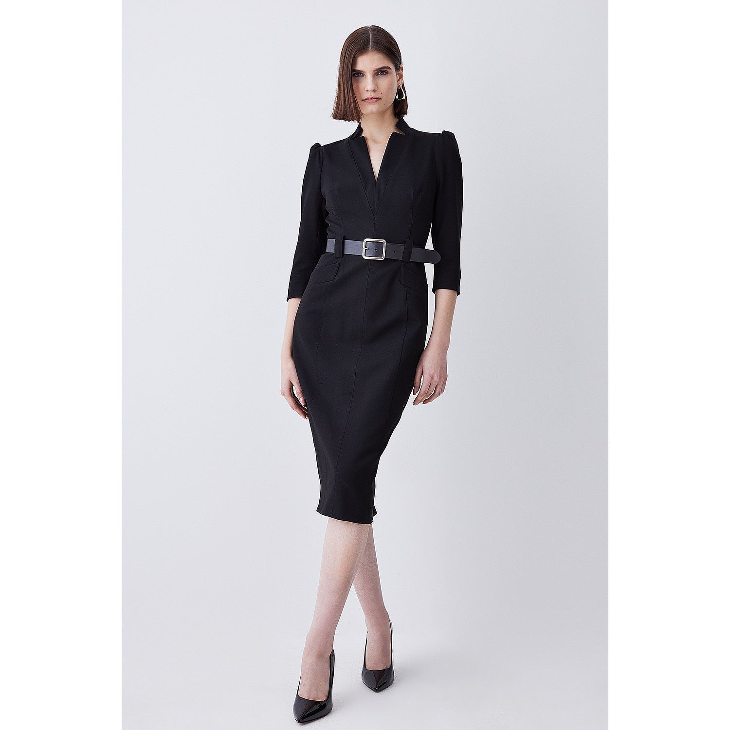 Karen Millen Structured Crepe Belted Forever Midi Dress – dresses by Karen Millen, available to rent from Hirestreet