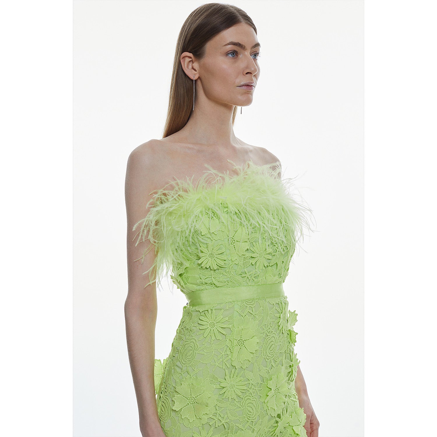 Karen Millen Lace Feather Bardot Woven Mini Dress – dresses by Karen Millen, available to rent from Hirestreet