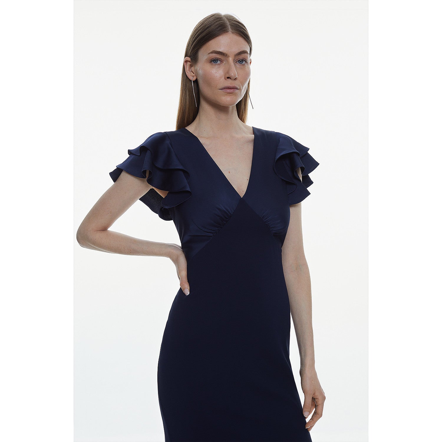 Karen Millen Ruffle Back V Neck Satin Maxi Dress – dresses by Karen Millen, available to rent from Hirestreet
