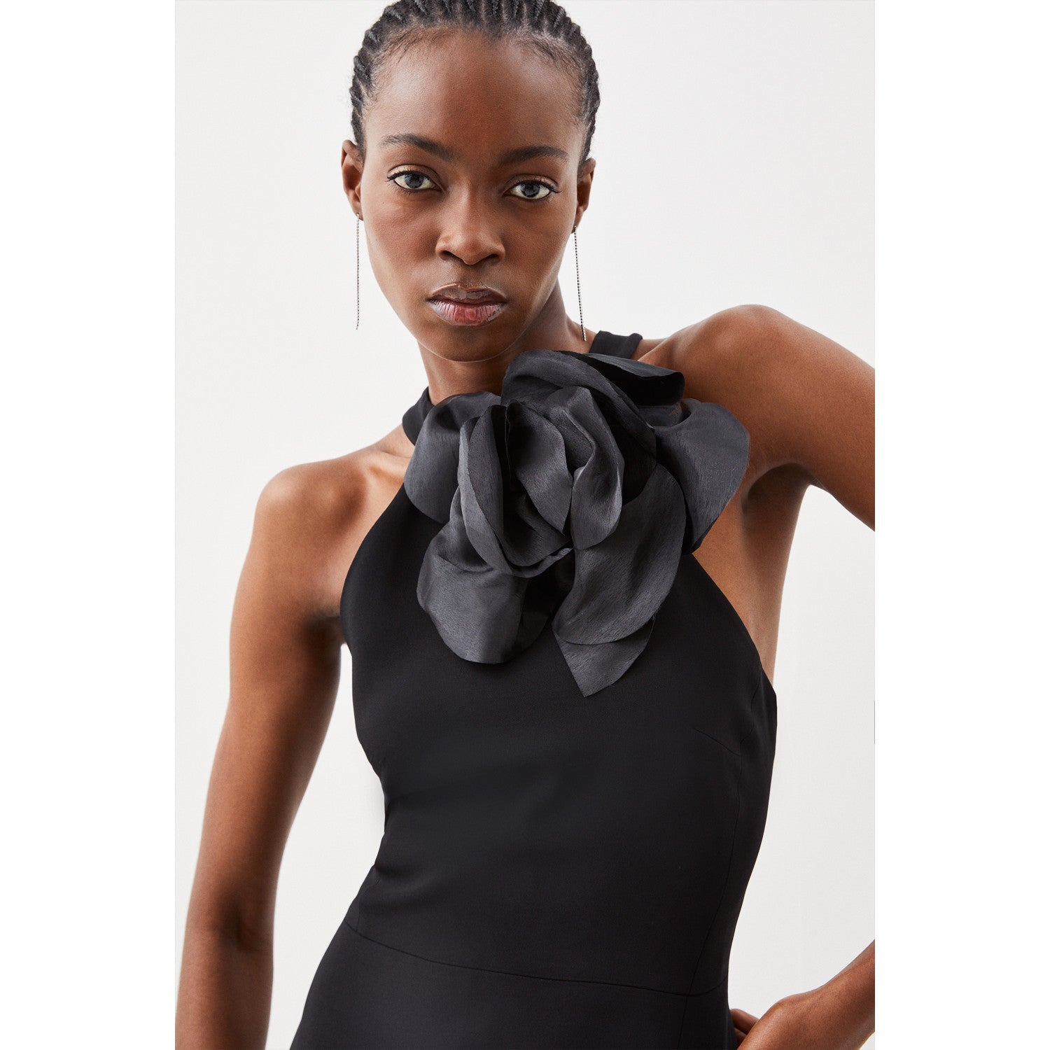Karen Millen Compact Viscose Corsage Detail Tailored Halterneck Midaxi Dress – dresses by Karen Millen, available to rent from Hirestreet