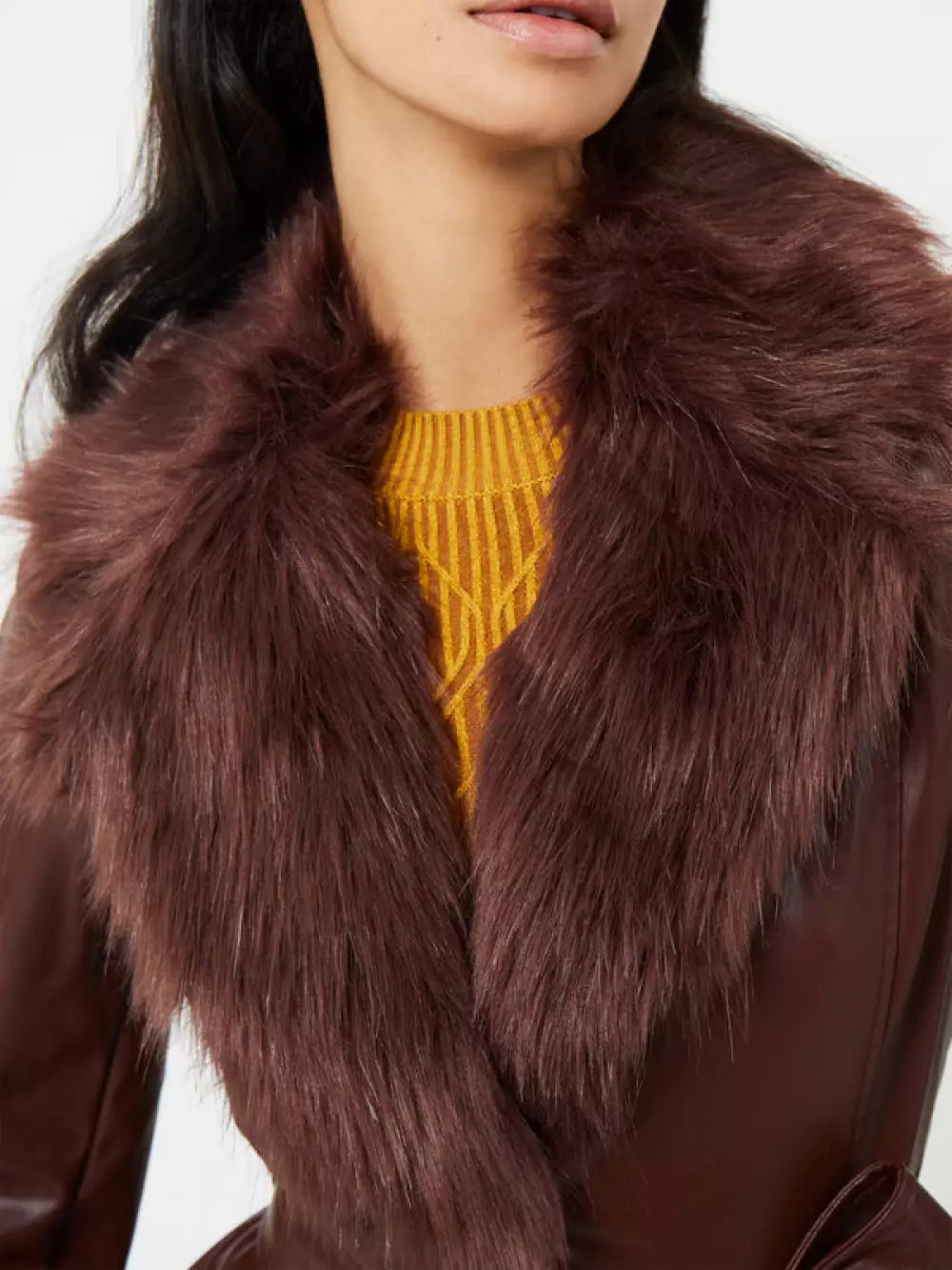 French Connection Etta Vegan Leather Faux Fur Long Coat