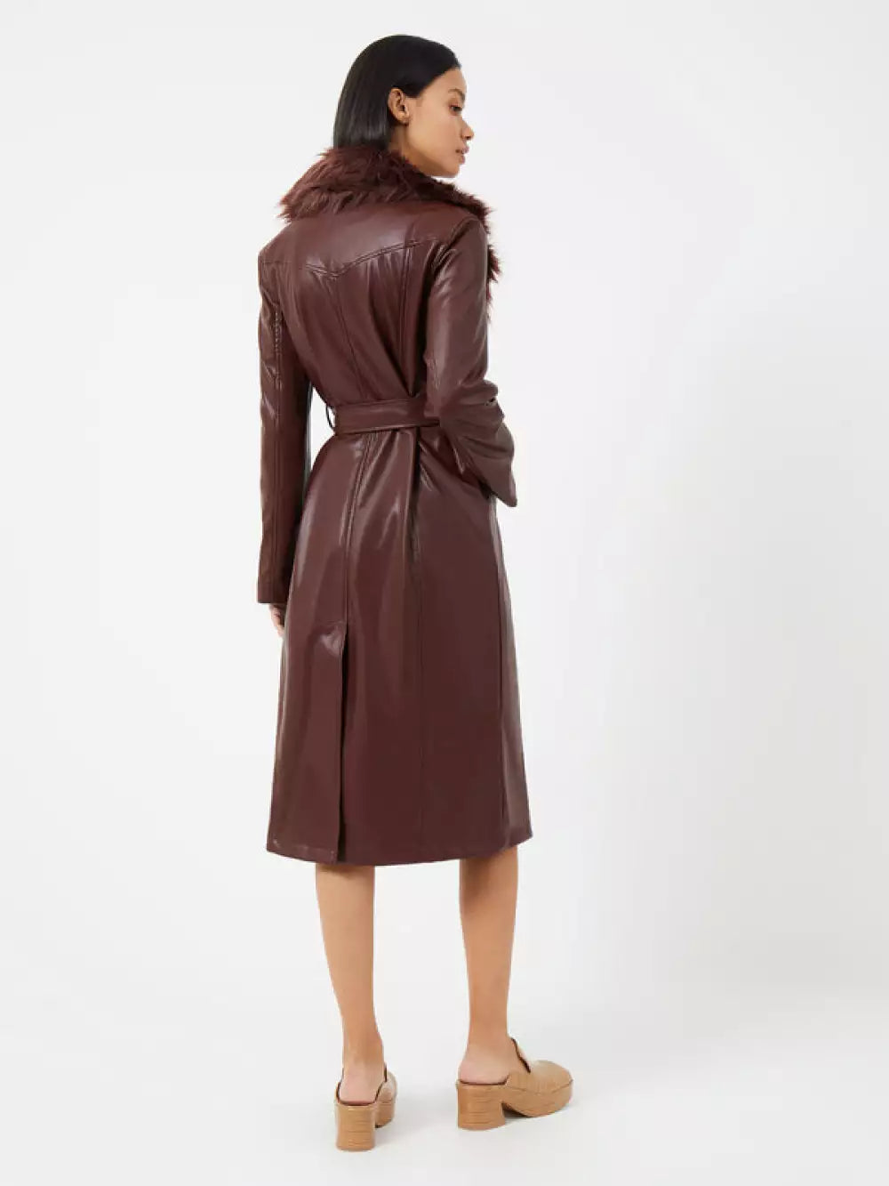 French Connection Etta Vegan Leather Faux Fur Long Coat