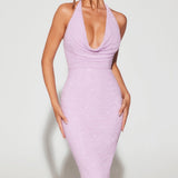 Oh Polly Venice Embellished Plunge Halter Neck Midaxi Dress in Lilac