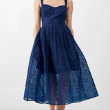 French Connection Embroidered Lace Strappy Dress in Midnight Blue
