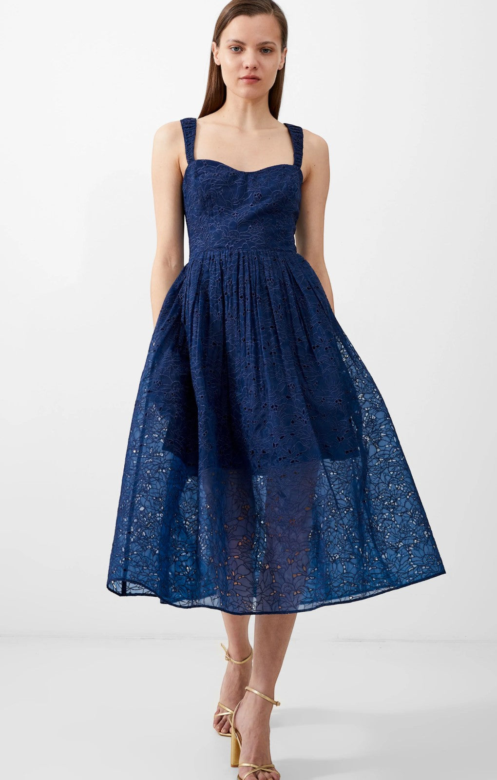 French Connection Embroidered Lace Strappy Dress in Midnight Blue