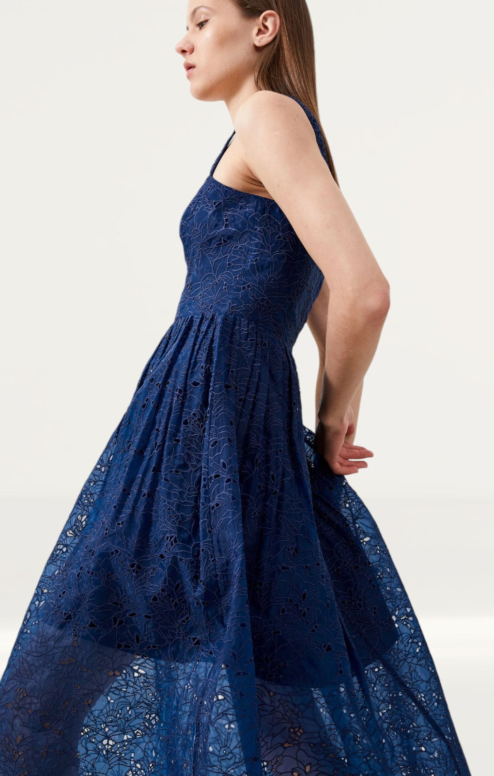 French Connection Embroidered Lace Strappy Dress in Midnight Blue
