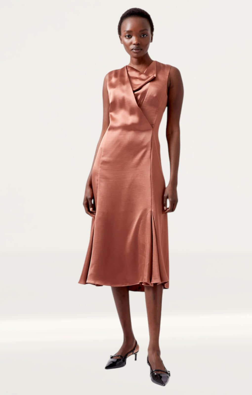 Rent French Connection Irina Satin Sleeveless Cowl Neck Dress Brown |  Hirestreet