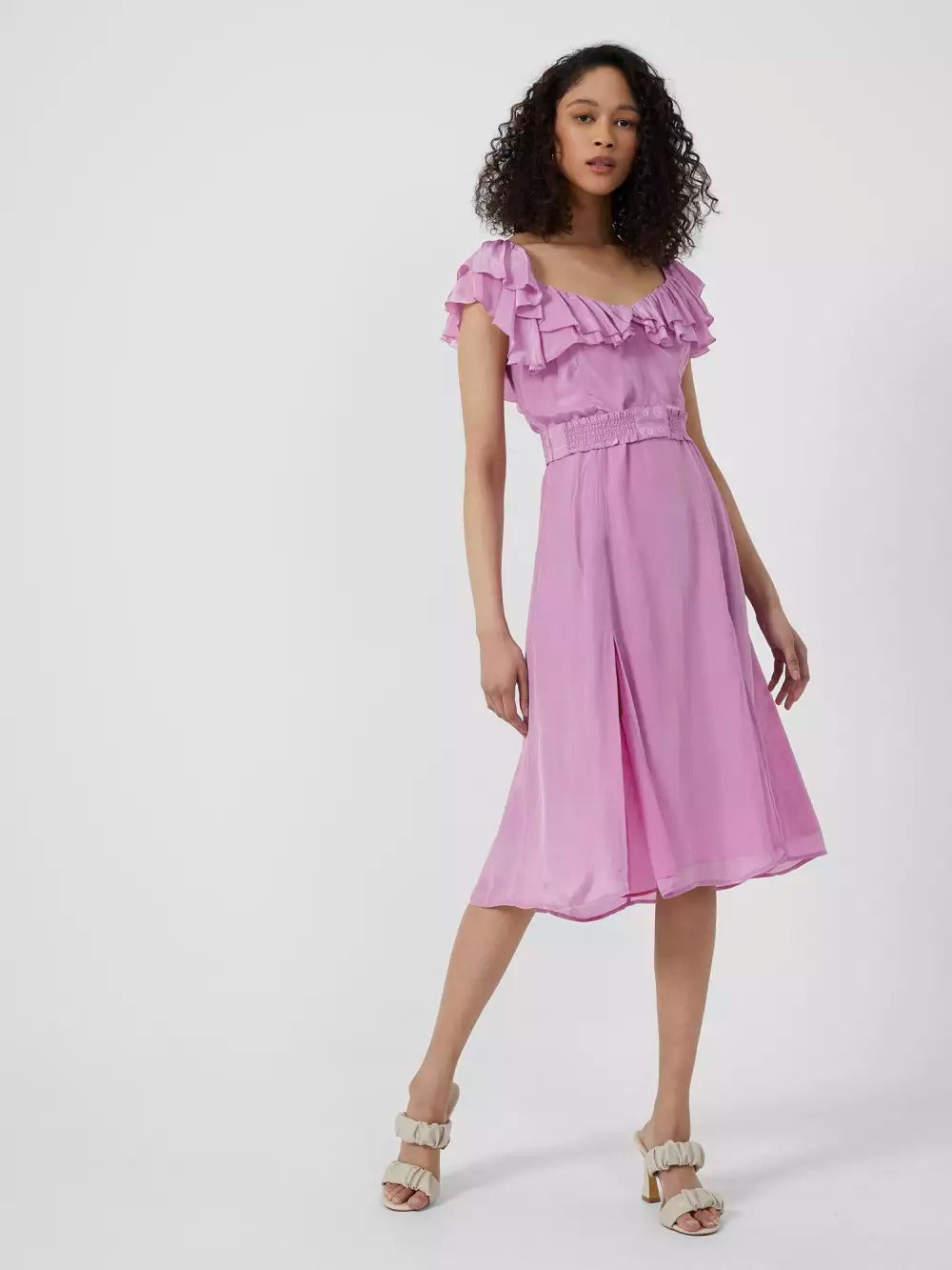 French Connection Almedina Drape Frill Neck Midi Dress Moonlite Mauve