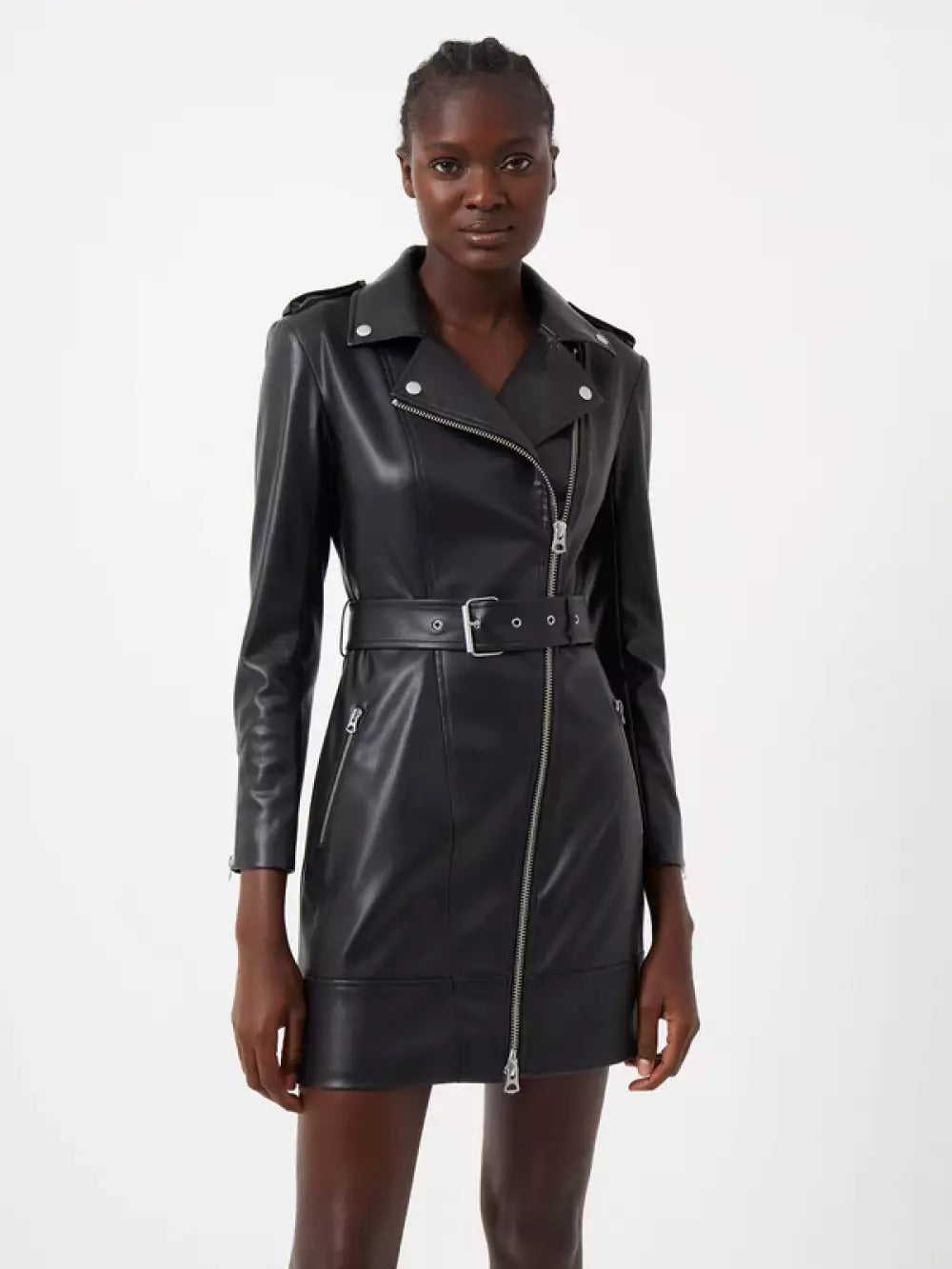 French Connection Etta Vegan Leather Belted Mini Dress Black