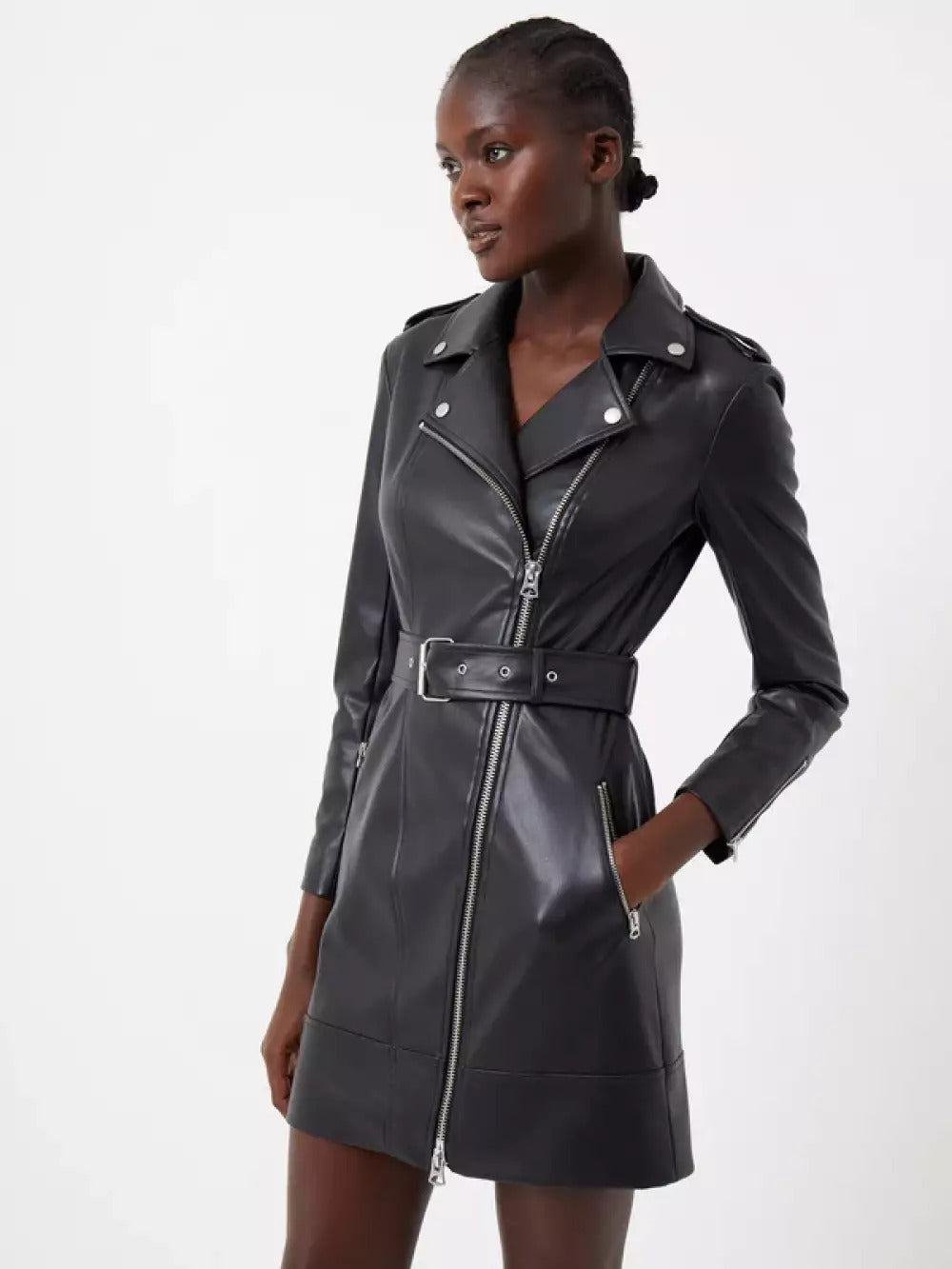 French Connection Etta Vegan Leather Belted Mini Dress Black