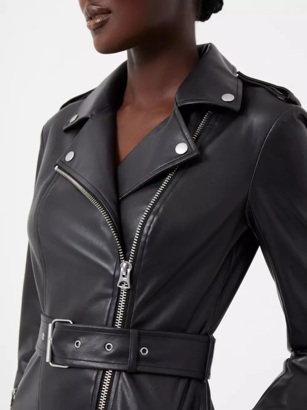 French Connection Etta Vegan Leather Belted Mini Dress Black
