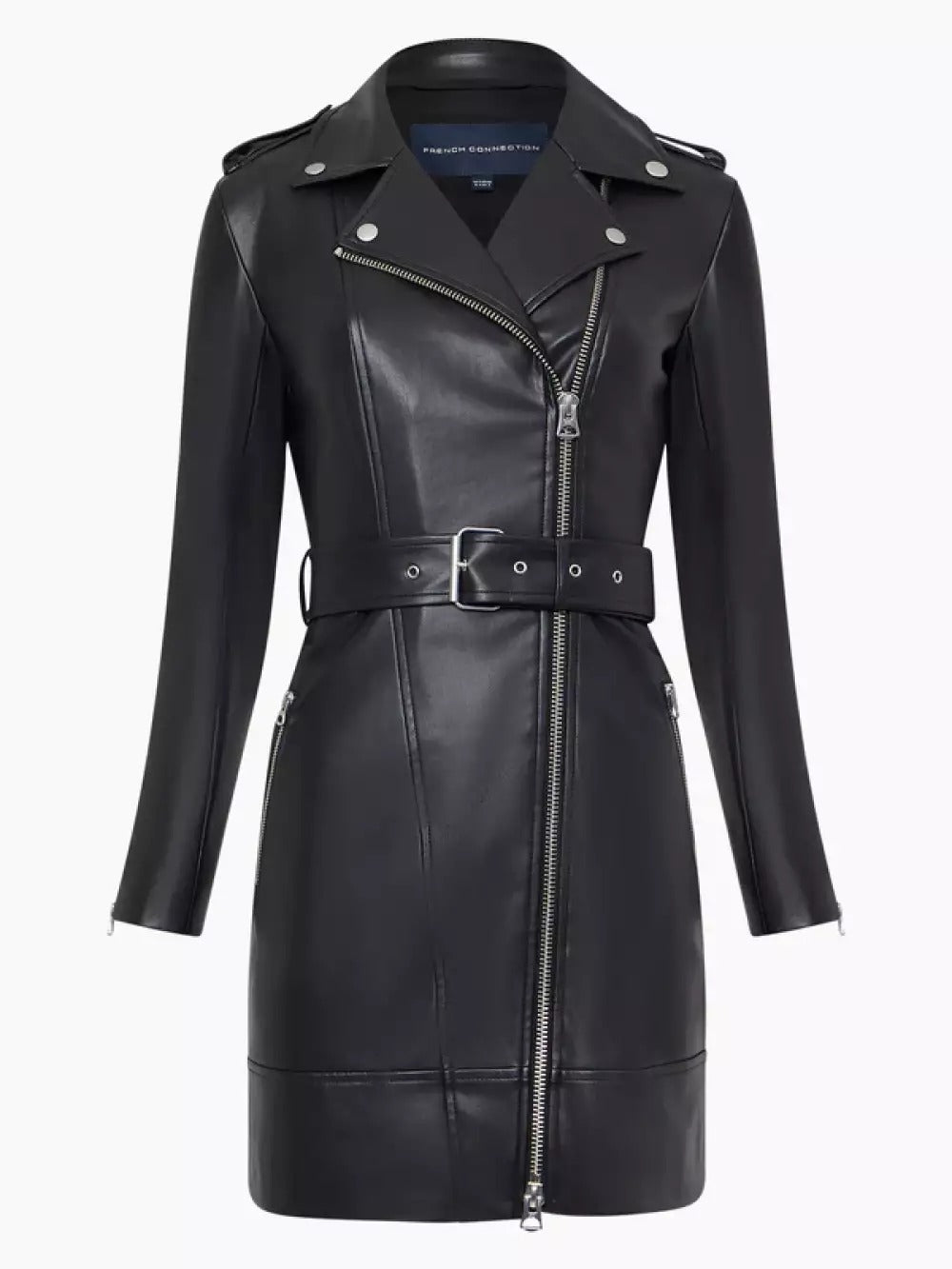 French Connection Etta Vegan Leather Belted Mini Dress Black