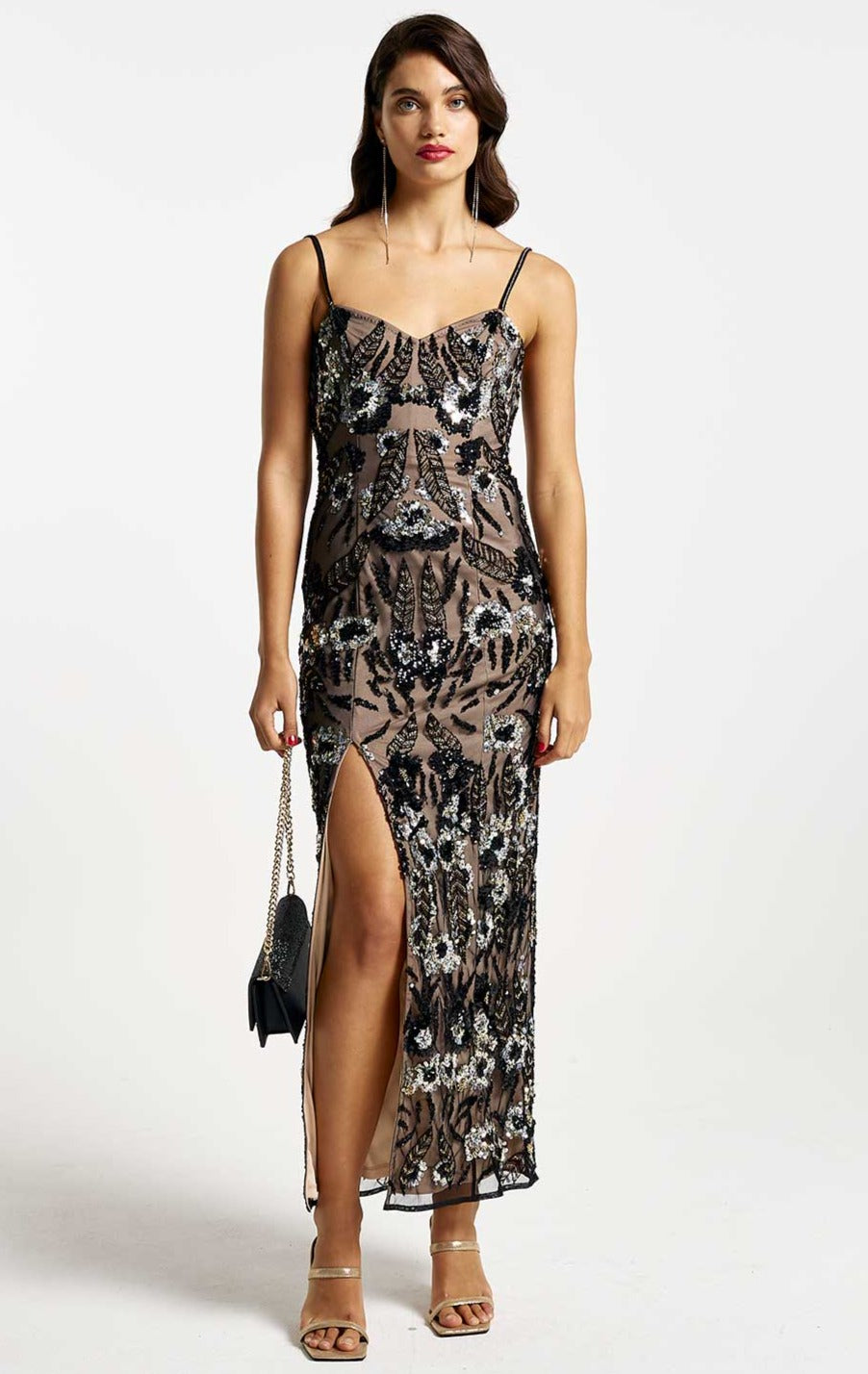 River Island Black Sequin Floral Bodycon Maxi Dress