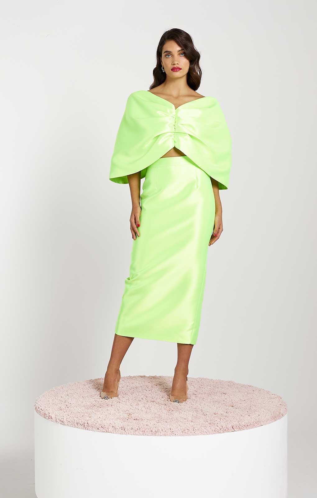 River Island Lime Green Satin Cropped Bardot Top & Midi Skirt Co-Ord product image