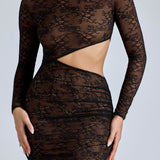 Oh Polly Ingrid Lace Long Sleeve Maxi Dress in Black